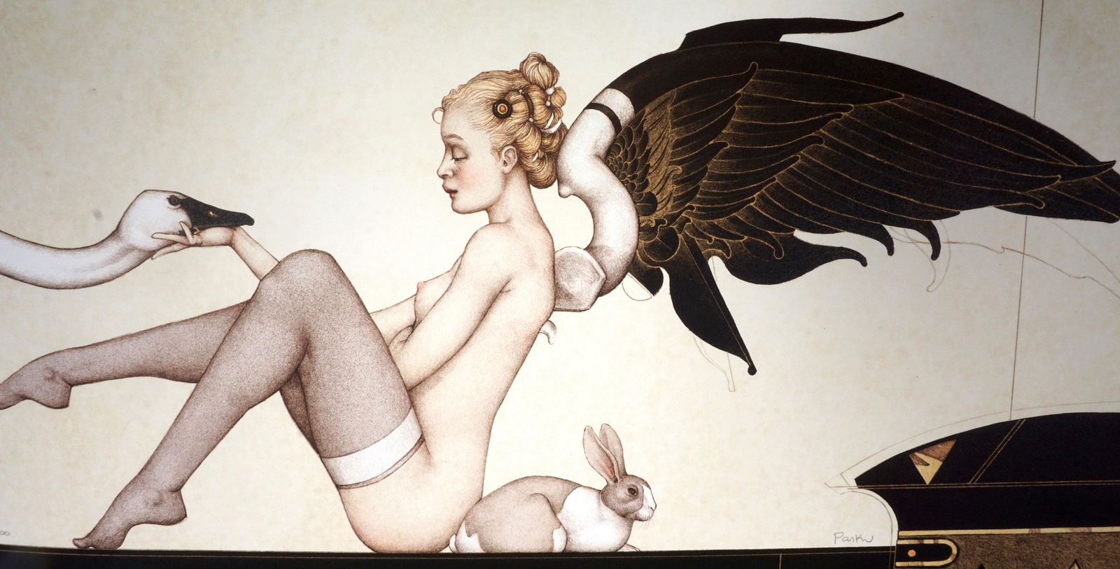 Michael Parkes Angel of Hidden Things Lithograph: PARKES, Michael, (American, 20th Century): â€œAngel of Hidden Things”, nude angel with swan and rabbit, Lithograph, signed lower center, numbered 17/100, Steltman Editions, sight size 18" x 26.5