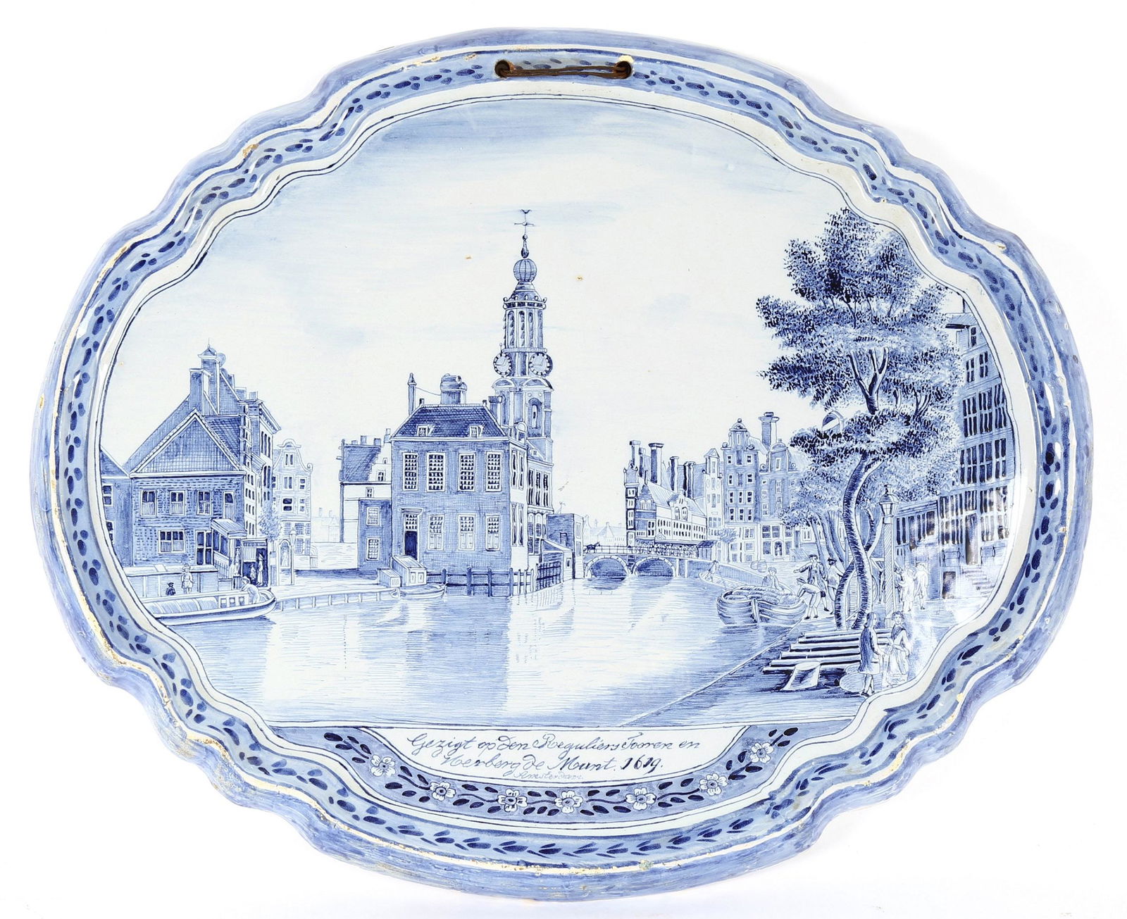 1619 Dated Munt Tower Amsterdam Delft Blue Plaque: Large Delft blue and white wall plaque, scene of the Munt Tower, Amsterdam, dated 1619. Well marked on back, overall 21" 17.5". Condition: Several chips and glaze flaws.