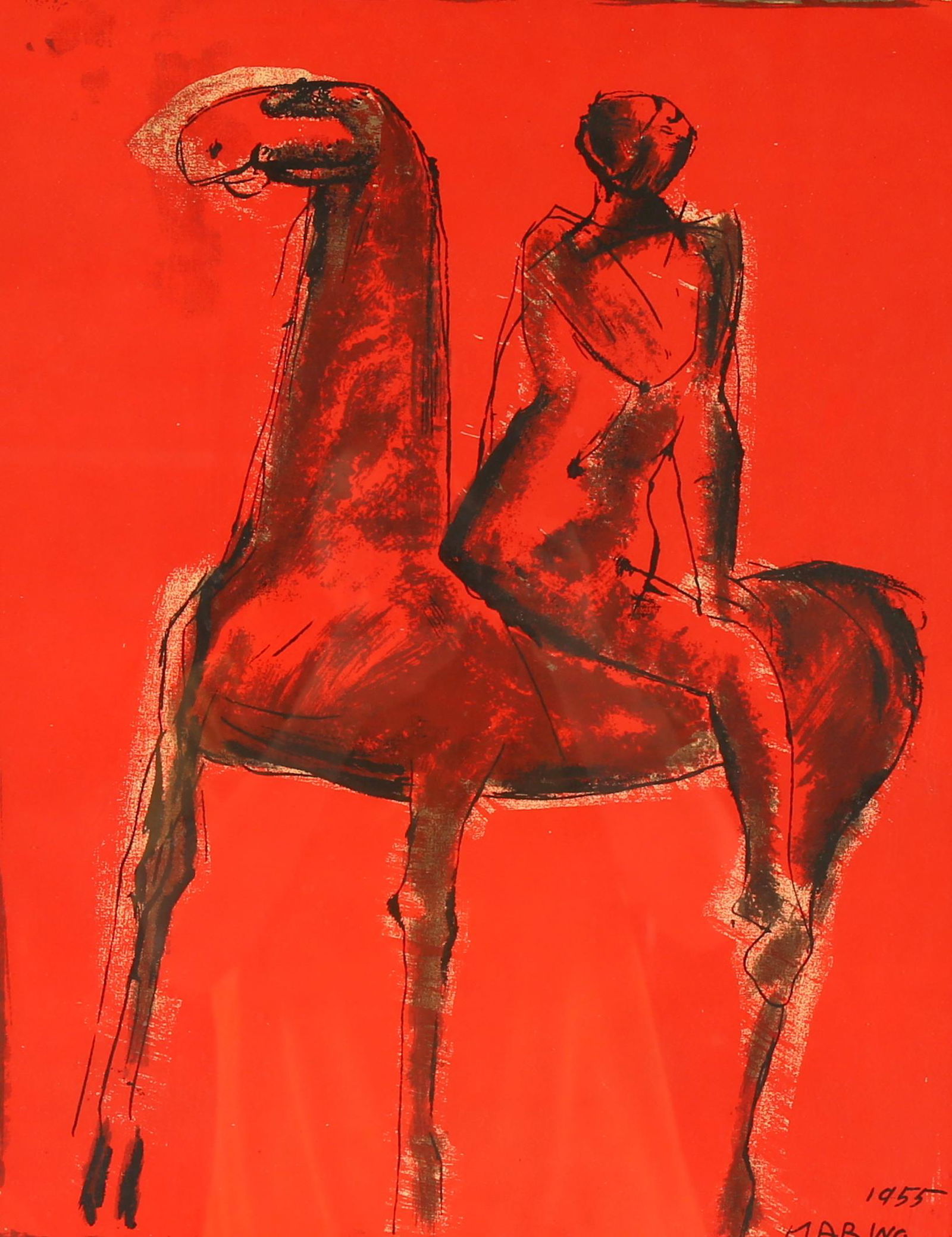Marino Marini Le Chevalier Lithograph: MARINI, Marino, (Italian, 1901-1980): "Le Chevalier", Lithograph in colors, signed and dated 1955 in the plate, sight size 24" x 19", framed 25.75" x 20.75".