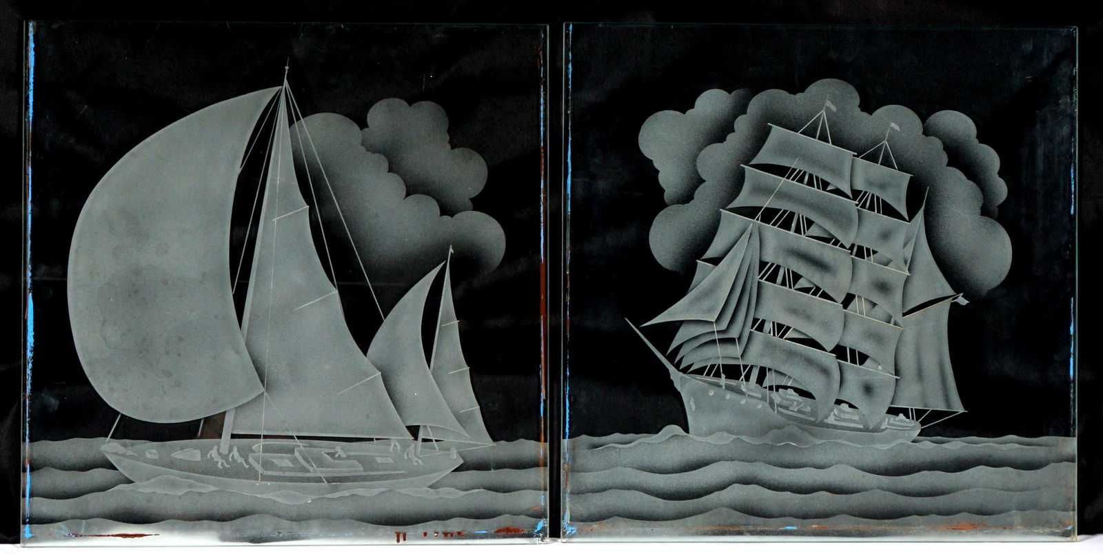 Two Etched Glass Panels with Sailboats: Possibly windows at some time, each with different sailboat, 18" x 18". Condition: Paint transfer on near edges.