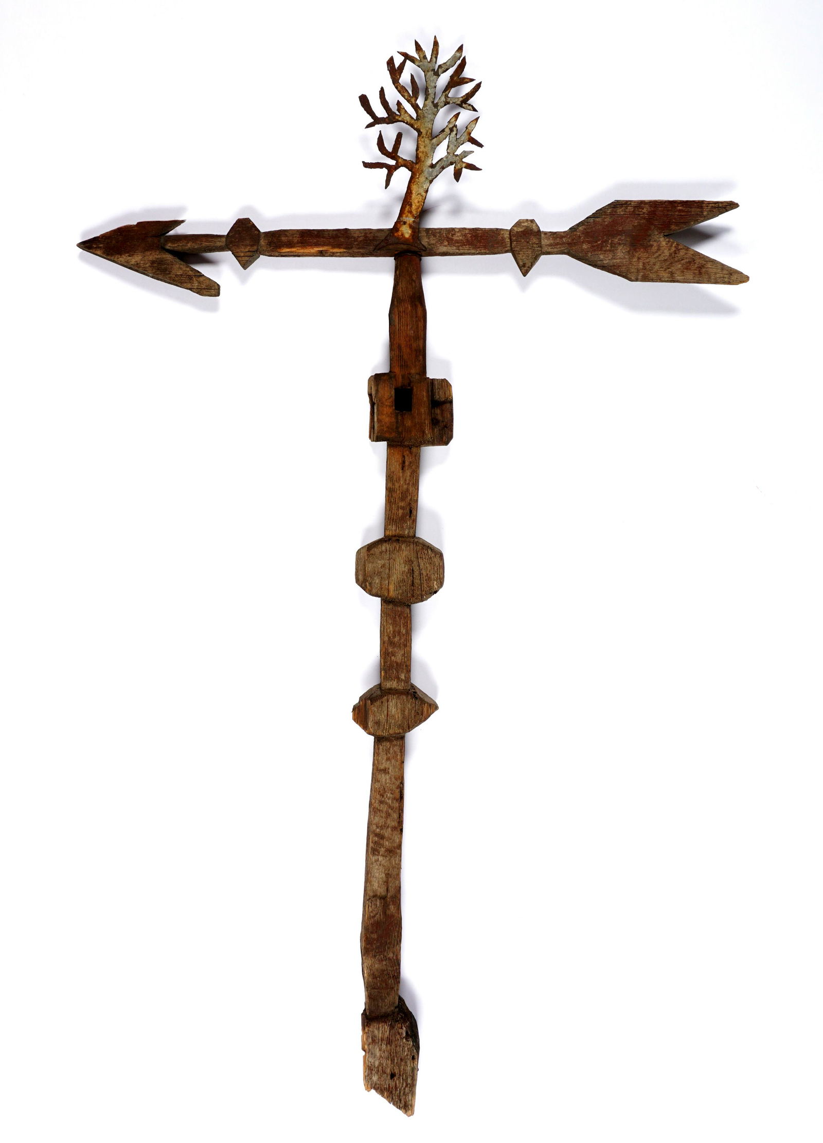 19th Century New York Folk Art Weathervane: Fold art weathervane, cut metal tree form finial, carved wood arrow finial and body, overall 40.75" h. x 24.75". Condition: Obvious weathering, chips, and loss.