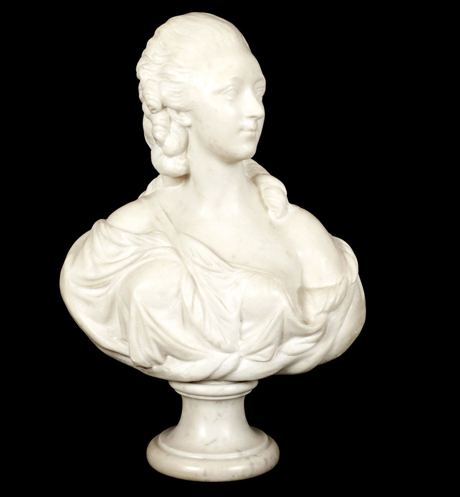 Jean-Louis Gregoire Carved Marble Bust Sculpture: Bust of a French maiden, scantily clad, signed verso, overall 19" h. x 13" x 7" on pedestal stand.