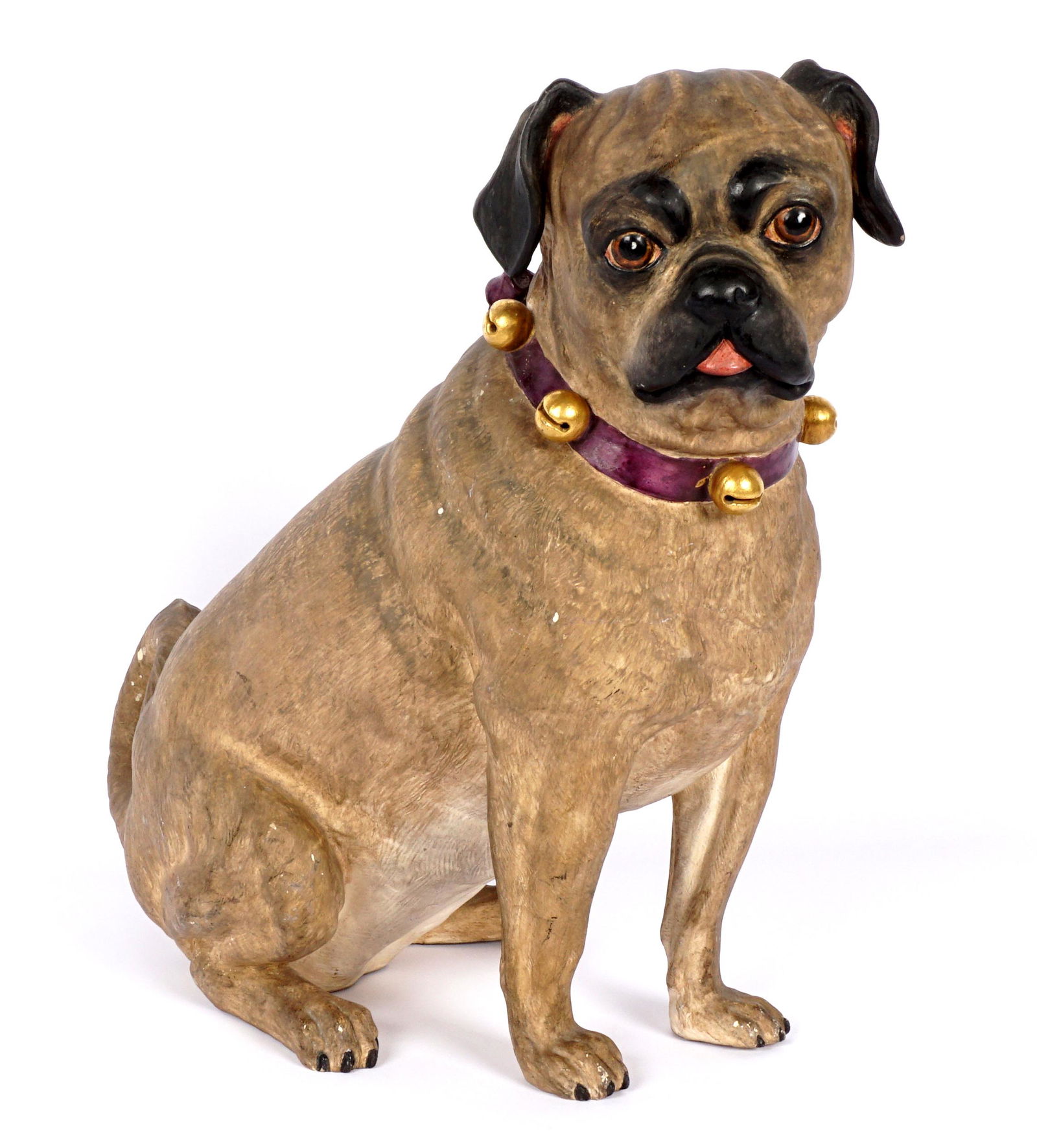 Rare 19th C. Mintons Staffordshire Pug Figurine: Extremely rare pottery figure of a sitting pug dog with maroon collar and gold bells, impressed markings on base "Mintons", "1898" and date mark for 1881. Overall measures 14.25" h. x 7" x 15.5". Cond
