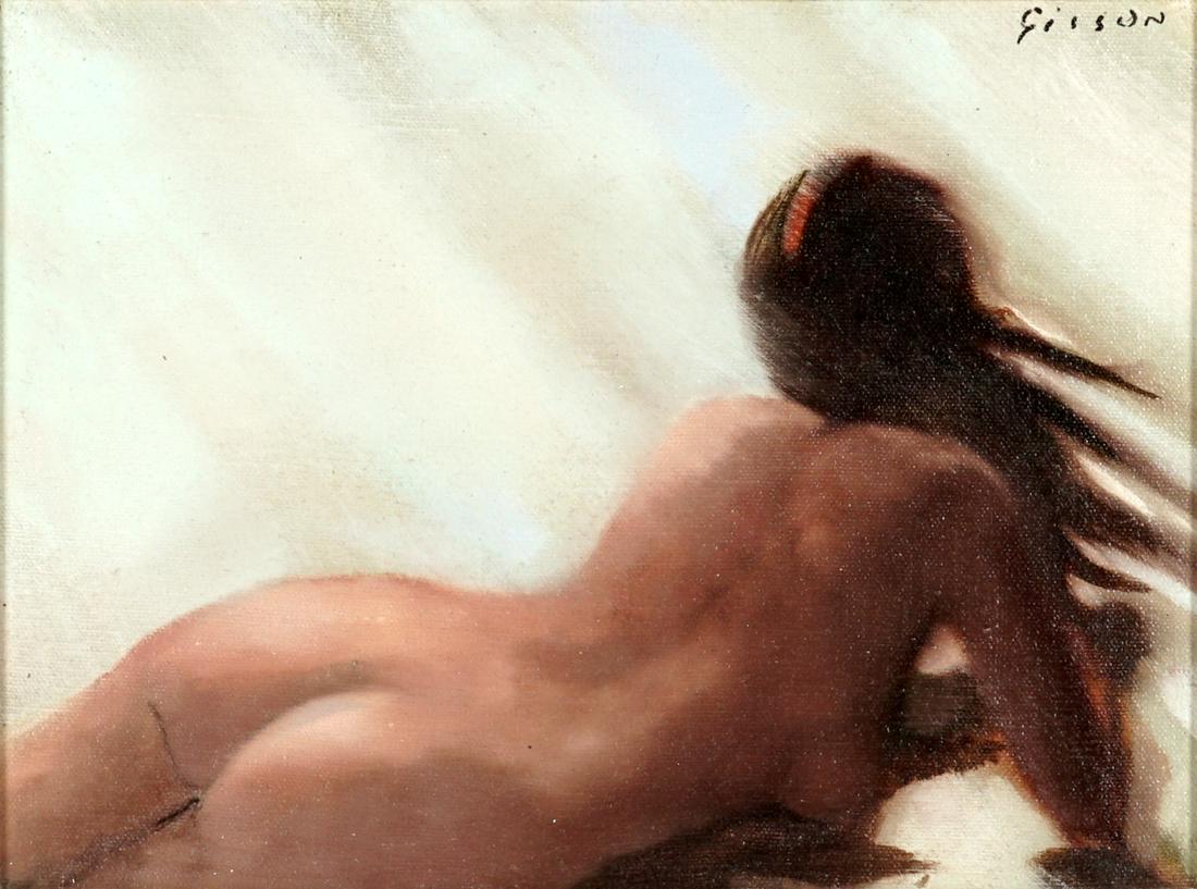Andre Gisson Reclining Nude Woman Painting: GISSON, Andre, (American/French, 1921-2003): Figure of a reclining nude woman, Oil/Canvas, 12" x 9", framed 19" x 16".