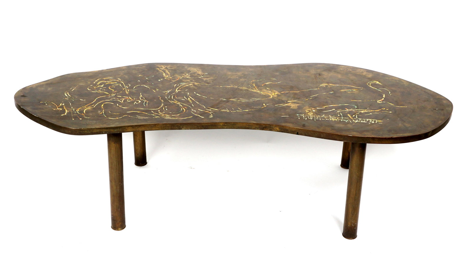 Philip Kelvin Laverne Reclining Nude Coffee Table: Free form top, etched and enameled bronze figure of a reclining nude woman, signed Philip & Kelvin Laverne, on four legs, overall 17" h. x 62.5" x 26".