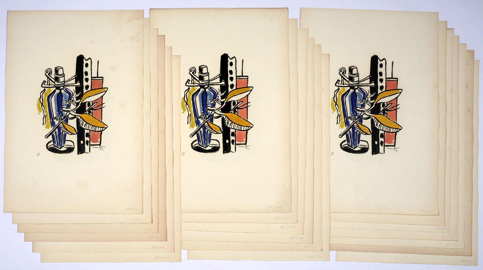 Nineteen Fernand Leger Vase Bleu Serigraphs: LEGER, Fernand, (French 1881-1955): "Vase Bleu" , Serigraph in colors on Arches Paper, signed in the plate, F. Leger blind stamp, from the series of 1000 comprises numbers 481, 534,535, 562, 689, 703-
