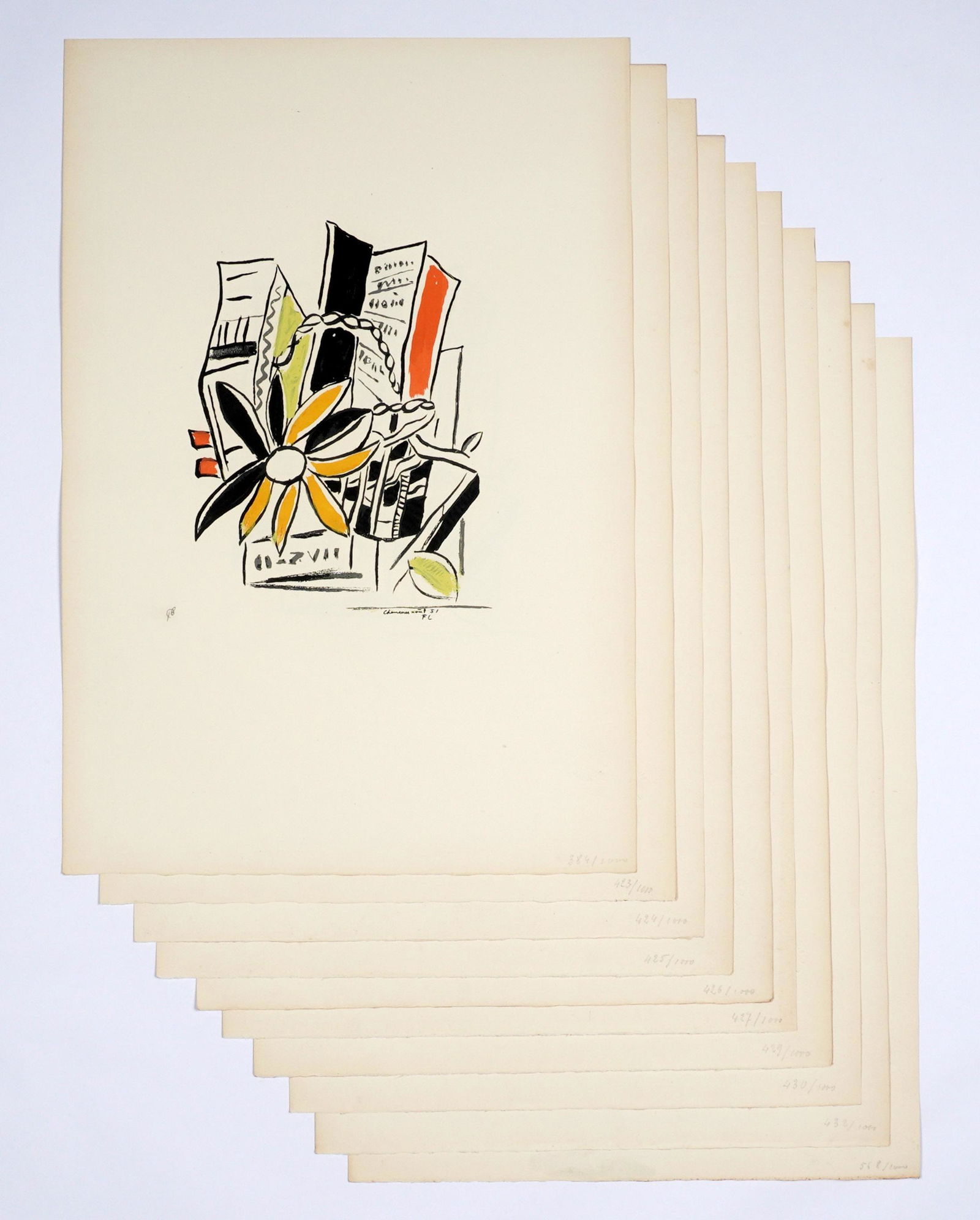 Ten Fernand Leger Chevreuse Aout Serigraphs: LEGER, Fernand, (French, 1881-1955): "Chevreuse Aout", Serigraph in colors on Arches paper, signed in the plate, F. Leger Blind stamp, from the series of 1000, comprises numbers 386, 423-427, 429, 430