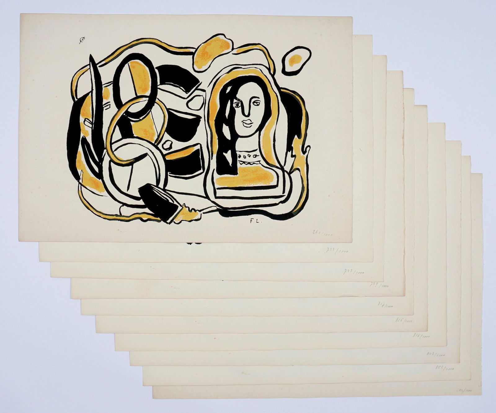 Ten Fernand Leger Tete De Femme Avec Serigraph: LEGER, Fernand, (French, 1881-1955): "Tete De Femme Avec Composition", Serigraph in colors on Arches paper, signed in the plate, F. Leger Blind stamp, from the series of 1000, comprises numbers 260, 7