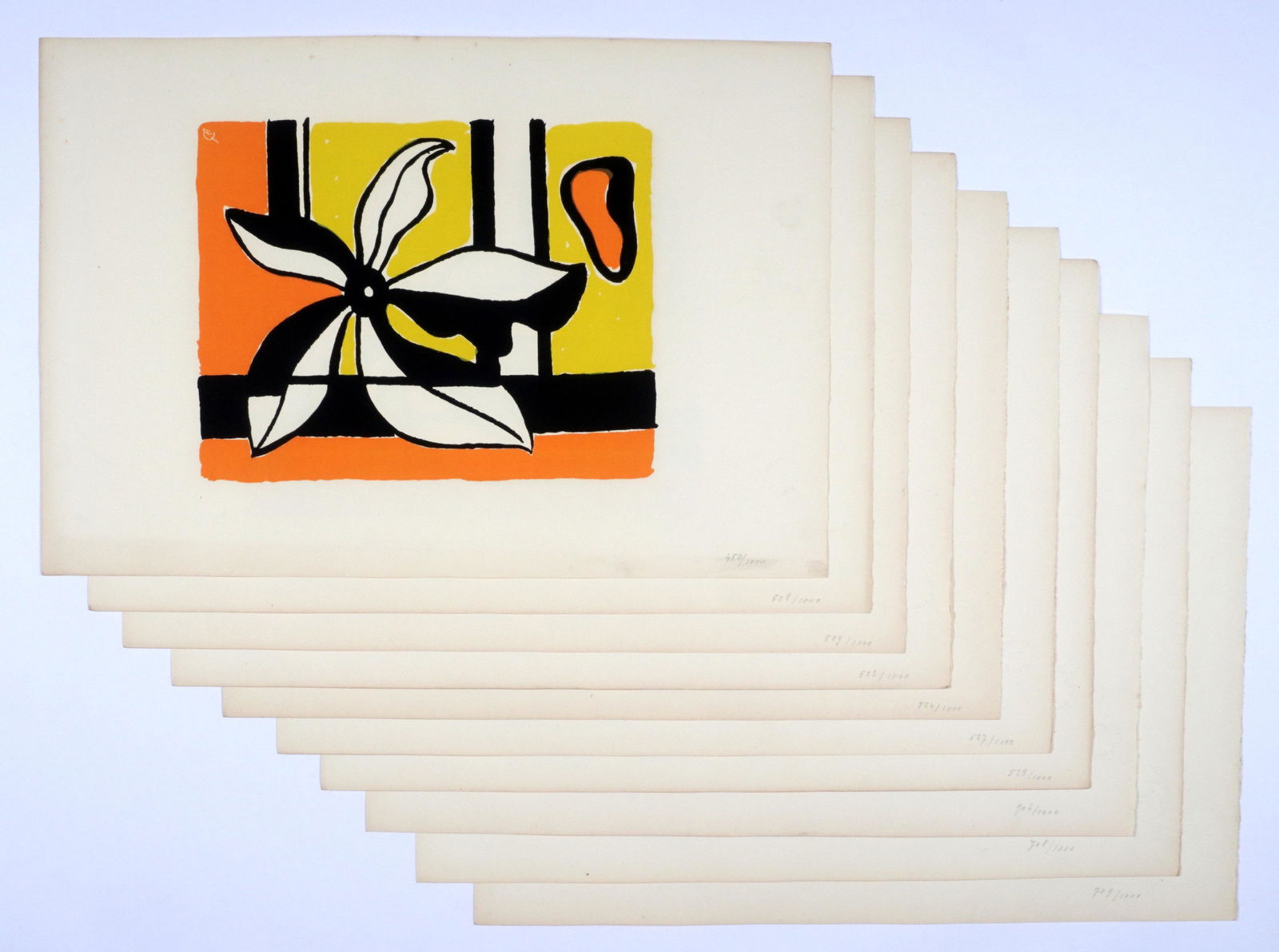 Ten Fernand Leger Fond Verte Flower Serigraphs: LEGER, Fernand, (French, 1881-1955): "Fond Verte", Serigraph in colors on Arches paper, signed in the plate, F. Leger Blind stamp, from the series of 1000, comprises numbers 450, 508, 509, 523, 524, 5