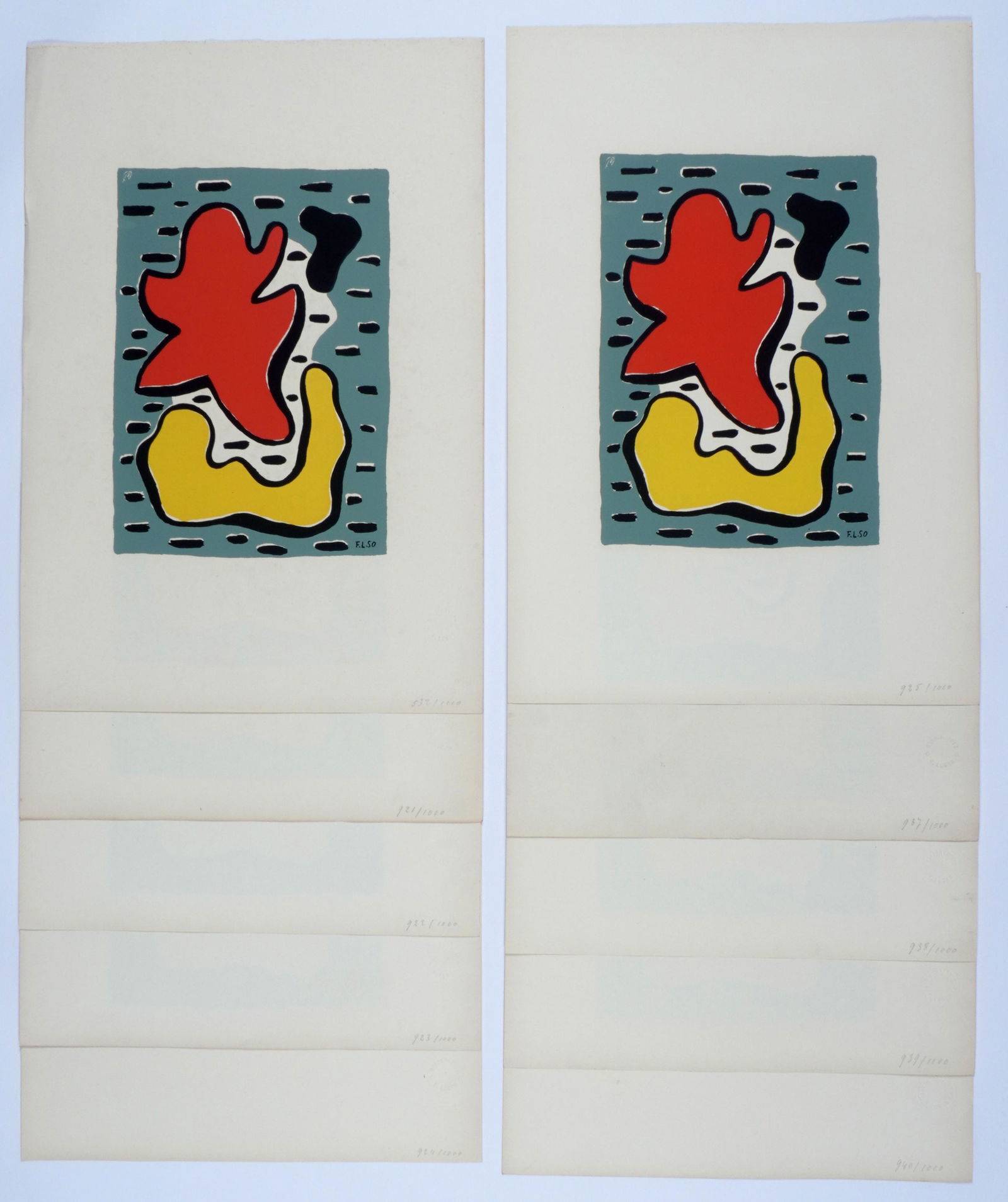 Ten Fernand Leger Rosalie Serigraphs: LEGER, Fernand, (French, 1881-1955): "Rosalie", Serigraph in colors on Arches paper, signed in the plate, F. Leger Blind stamp, from the series of 1000, comprises numbers 532, 921-925, 937-940, 22" x