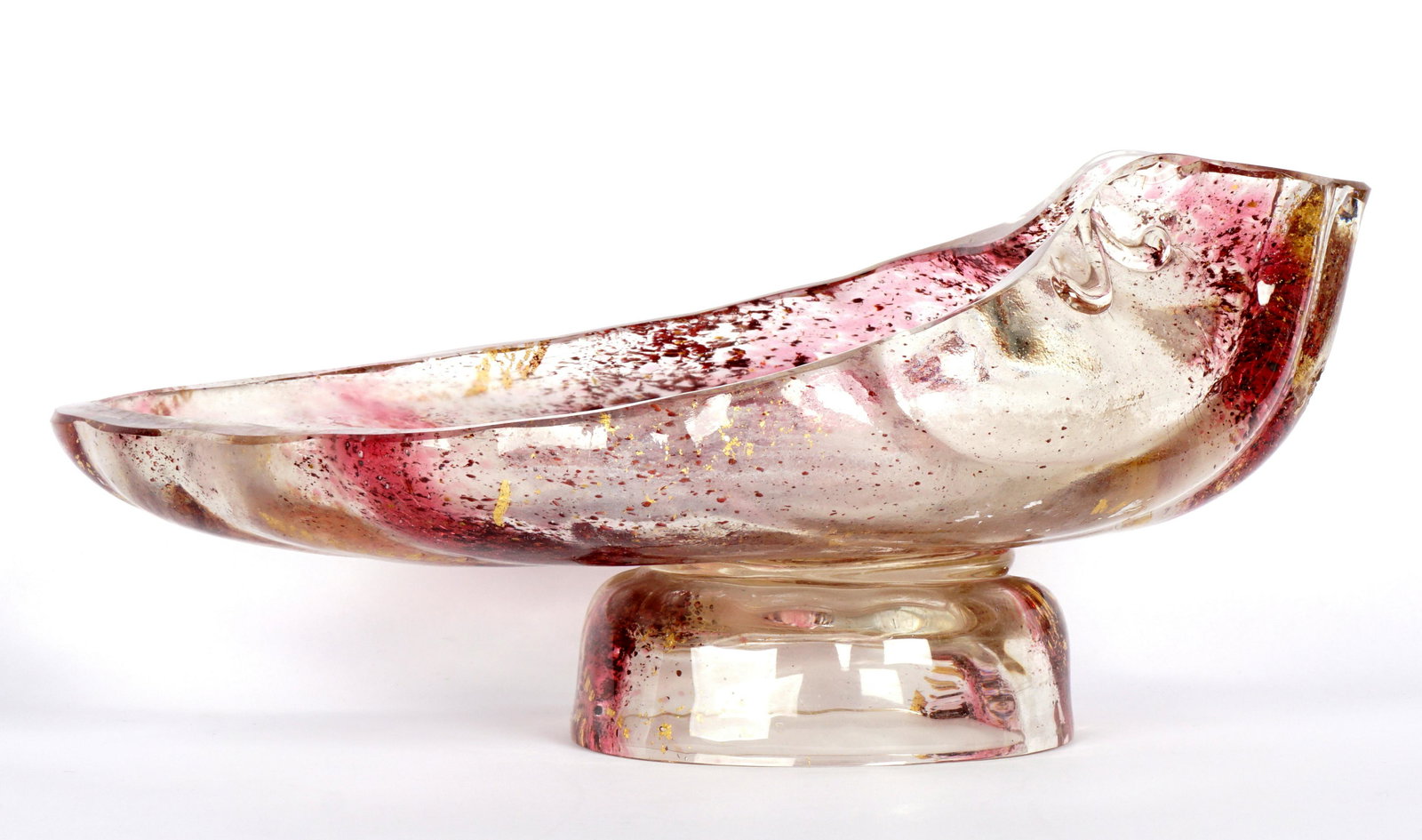 Ernest Leveille French Art Glass Shell Compote: Large sea shell form compote, internal spattered polychrome designs mixed with gold flakes, hollow foot, signed E. Leveille Paris on base, overall 5.5" h x 12.25" x 8".