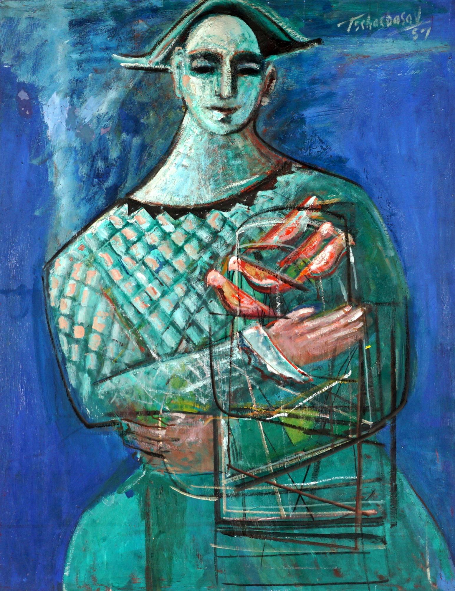 1957 Nahum Tschacbasov Harlequin with Birds: TSCHACBASOV, Nahum, (American, 1899-1984): Harlequin figure with birds in a birdcage, Oil/Masonite, signed and dated '57 upper right, sight size 39.25" h. x 30.75", framed 48" x 39.5". Condition: Pain
