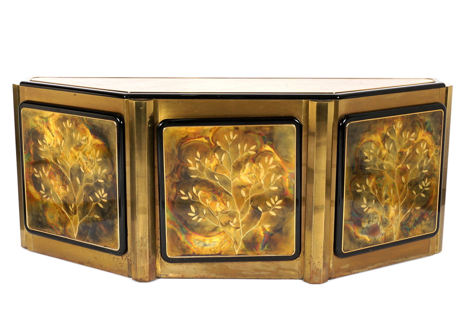 Bernard Rohne Mastercraft Tree of Life Credenza: Designed by Bernard Rohne for Mastercraft "Tree of Life" etched and embossed brass credenza. Front with center door and canted side doors, overall measures 30.5" h .x 74.25" x 18.75". Condition: Spott