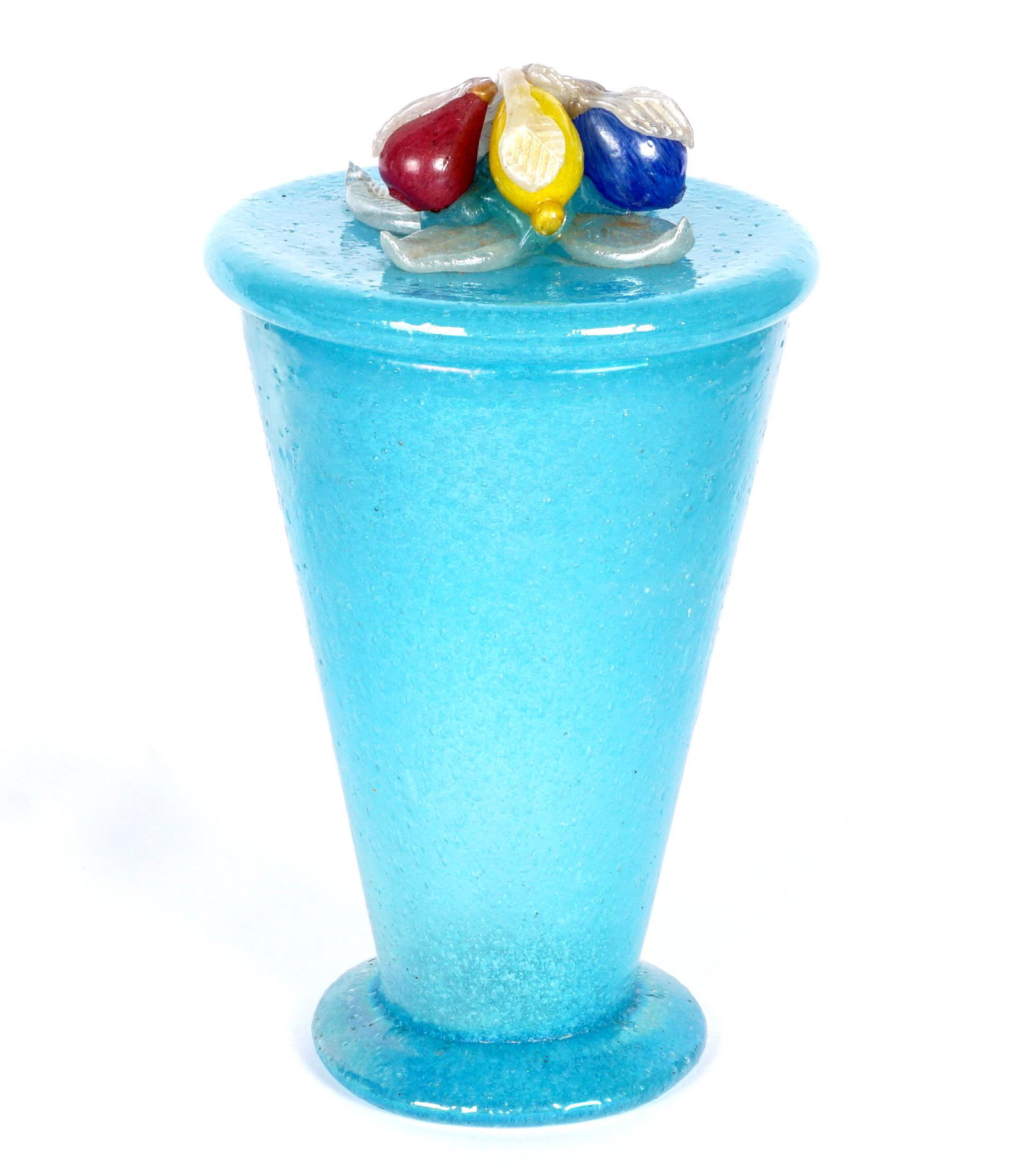 1930s Turquoise Murano Glass Covered Vase: Iridescent turquoise body and lid with rough texture, lid with applied fruit and leaves, unmarked, 10.25" h. x 6". Pontil scar, minor chips to fruit