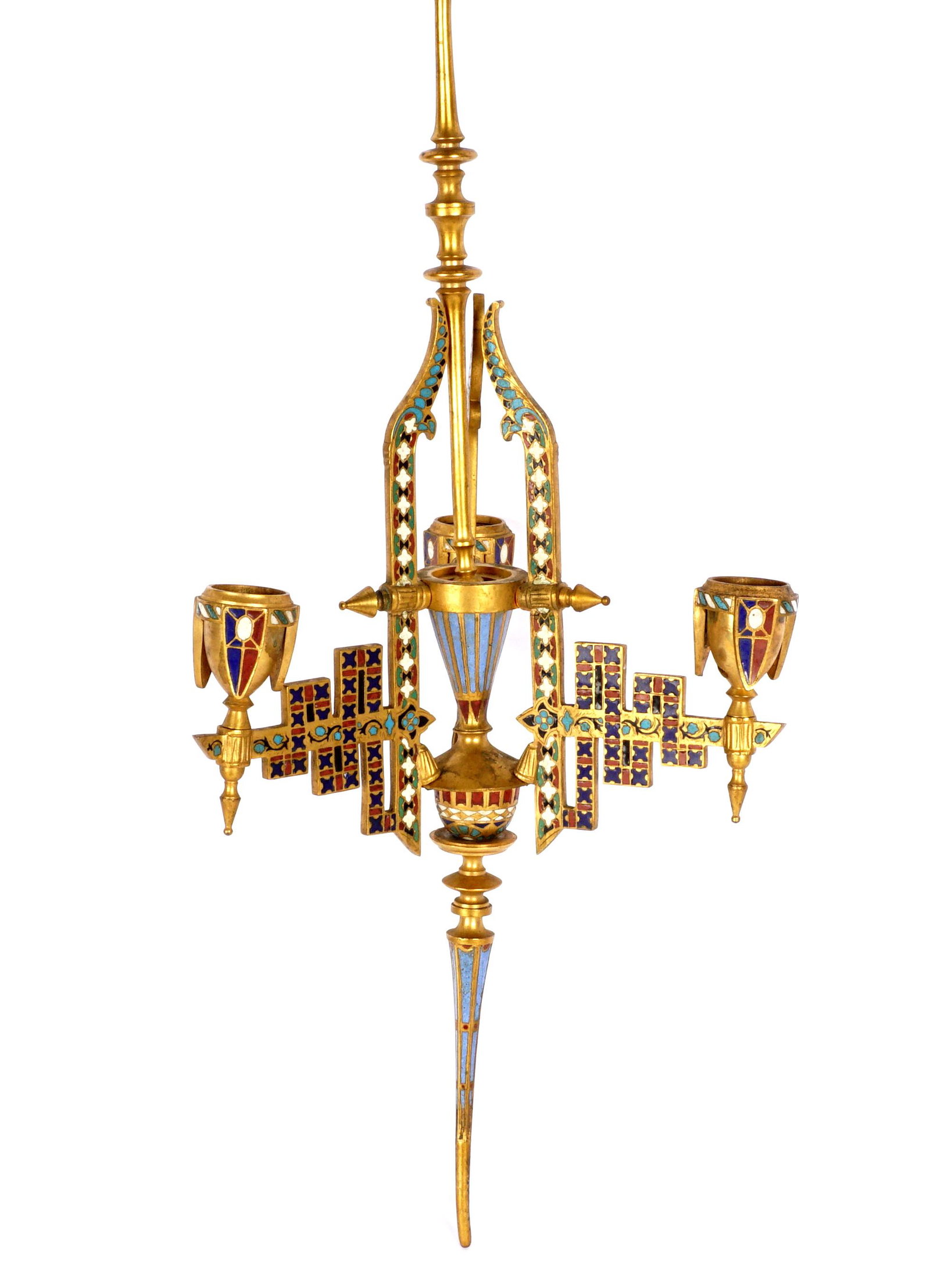 Diminutive French Champleve Three Light Chandelier: Brass champleve decorated three light chandelier, overall 23.75" h. x 7". Condition: Missing enamel and a screw for one arm.