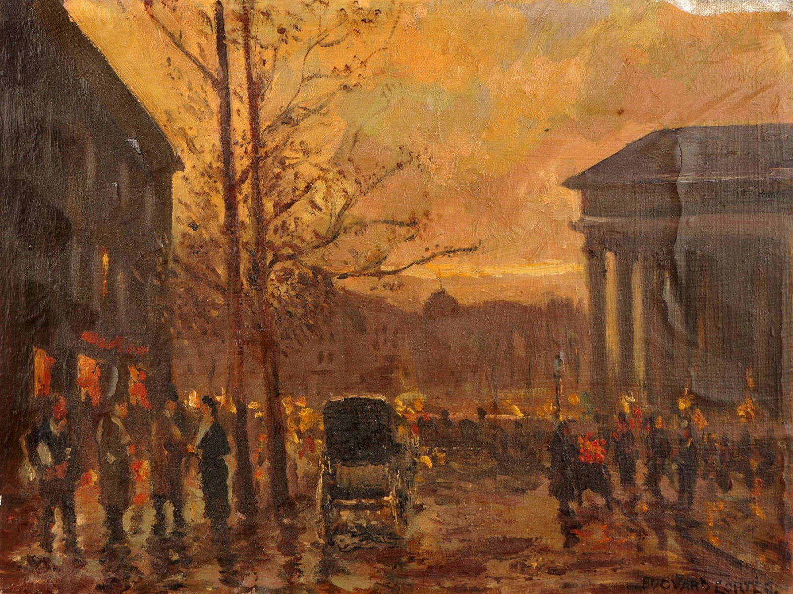 Edouard Cortes Parisian Street Scene Painting: CORTES, Edouard, (French, 1882-1969): Parisian street scene of the Place de la Madeleine with figures and buggy, Oil/Canvas, signed lower left, 9" x 12", unframed. Condition: Craquelure, chip to upper