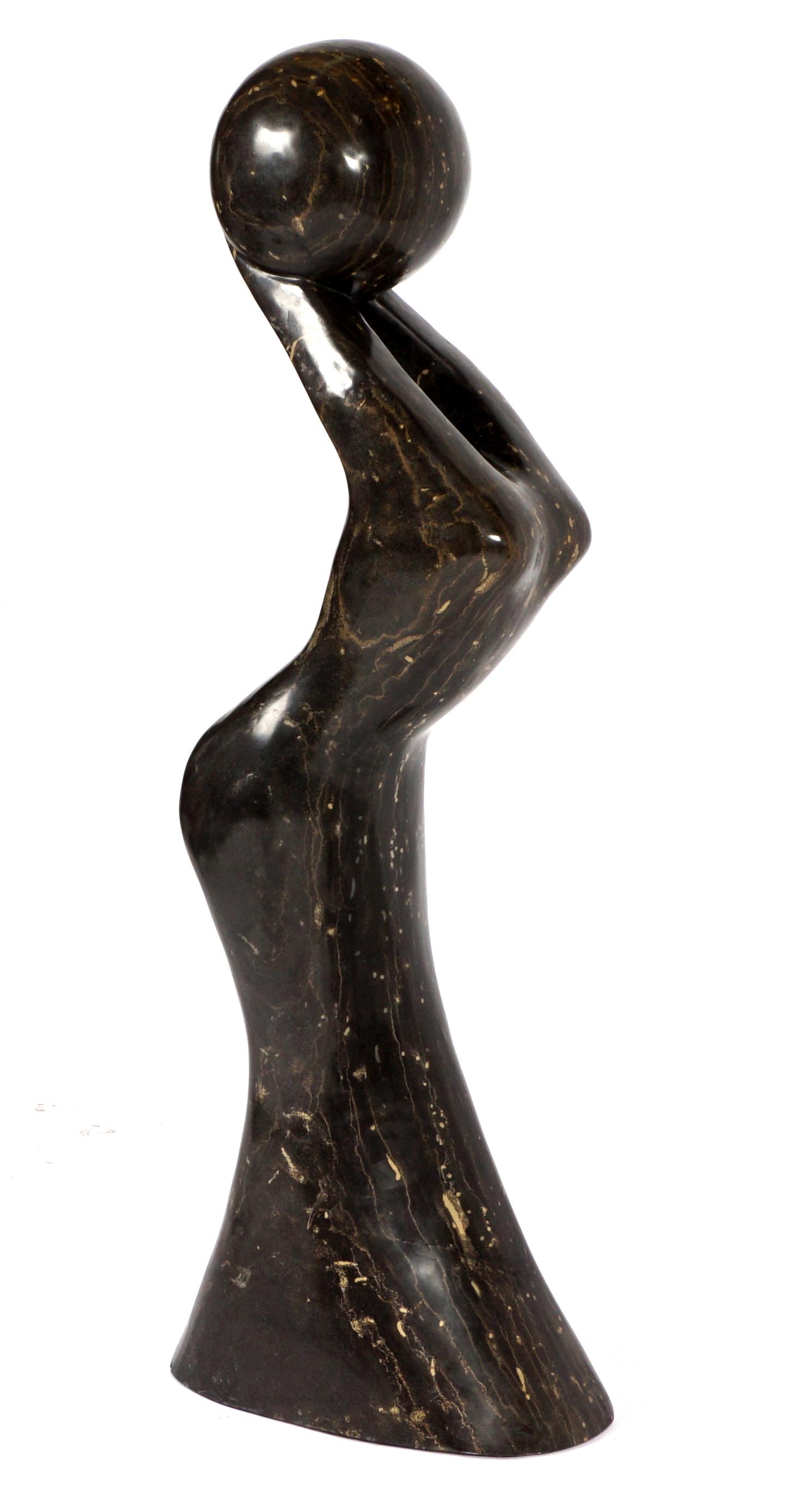 Attrib. Gert Olsen Modernist Marble Figure: attributed OLSEN, Gert, (American, 20th century): Modernist carved marble depiction of a figure holding a ball, no visible signature, approx. 52.5" h. x 9.5" x 17".