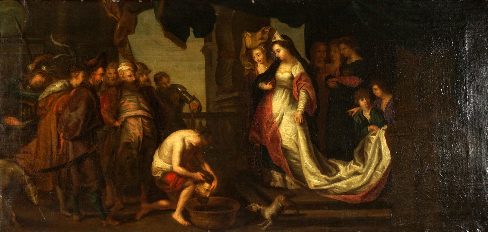 After Rubens Head of Cyrus to Queen Tomyris Oil/C: after RUBENS, Peter Paul (Flemish, 1577-1640): 17th / 18th Century "Head of Cyrus Brought to Queen Tomyris", Oil/Canvas, no visible signature, 19.25" x 39.5", framed 24.5" x 45". Condition: Crazing, i