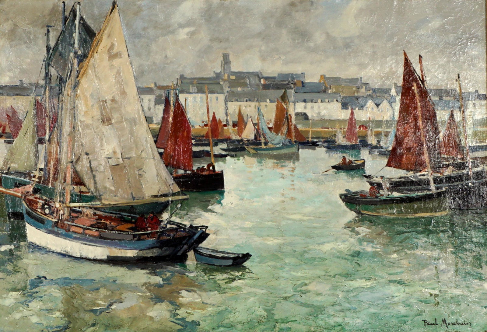 Large Paul Morchain Harbor Scene Painting: MORCHAIN, Paul Bernard, (French, 1876-1939) Harbor scene with boats, Oil/Canvas, signed lower right, 35" x 51", framed 44.5" x 61". Condition: Scattered spot of inpaint, frame with chips.