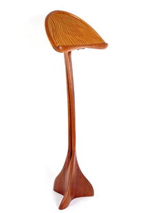 1984 Steven Spiro Mixed Wood Music Stand: Flowing amorphic design mixed wood music stand designed by Steven Spiro, signed and dated '84 at base, overall 59.5" h. x 21.25" x 12".