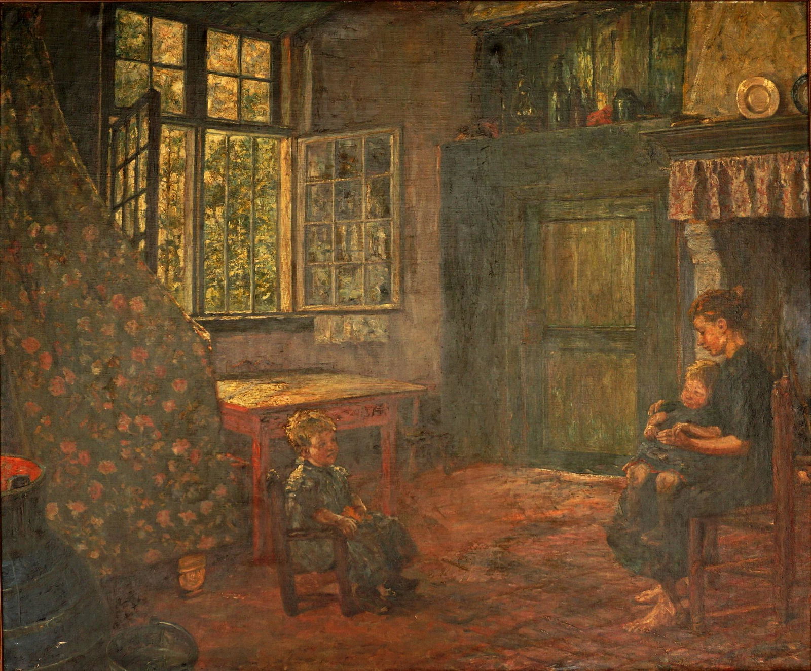 Large Mystery Artist Continental Genre Painting: Continental School interior genre scene of a women with children, Oil/Masonite, illegibly signed lower right, 31.75" x 36", framed 37" x 42.75". Condition: Spots of inpaint.