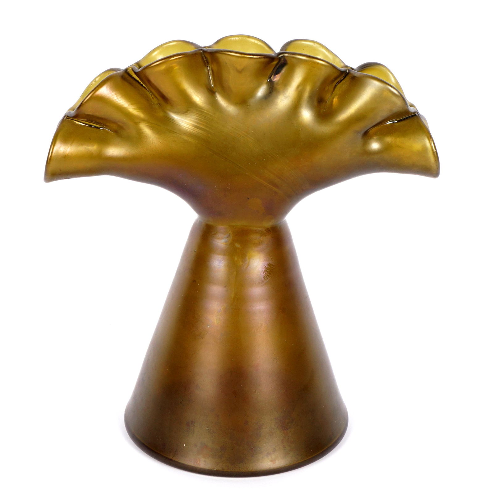 Loetz Seven Opening Fan Vase: Iridescent olive green fan vase with seven port openings on top, overall 10.25" h. x 9.5".