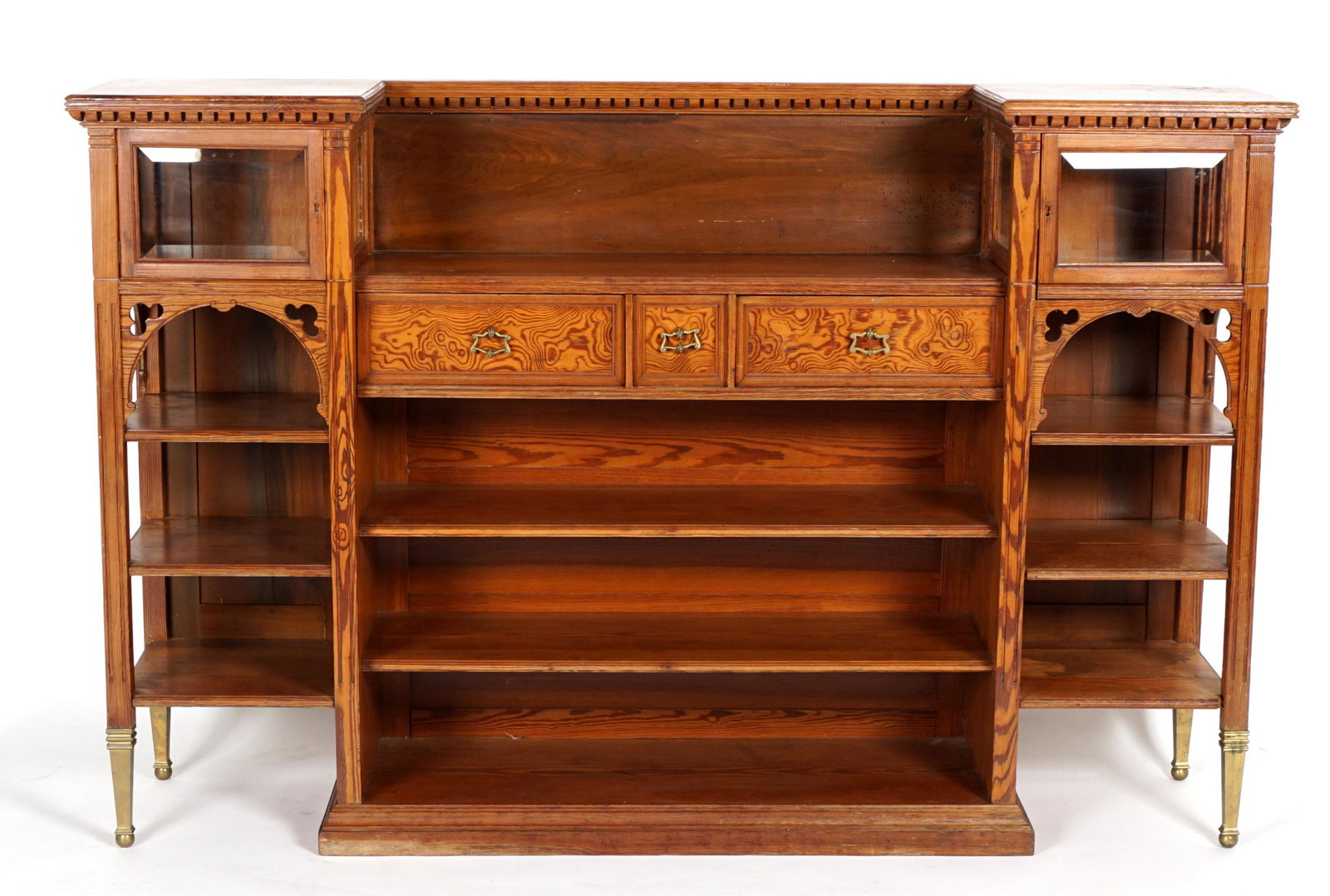 1880s Attrib. Herter Brothers Aesthetic Bookcase: Late 19th Century pine sideboard / bookcase, aesthetic movement, attributed to Herter Brothers. Dentil molded trim over two glass display boxes either side center shelf. Three drawers faced with Japan