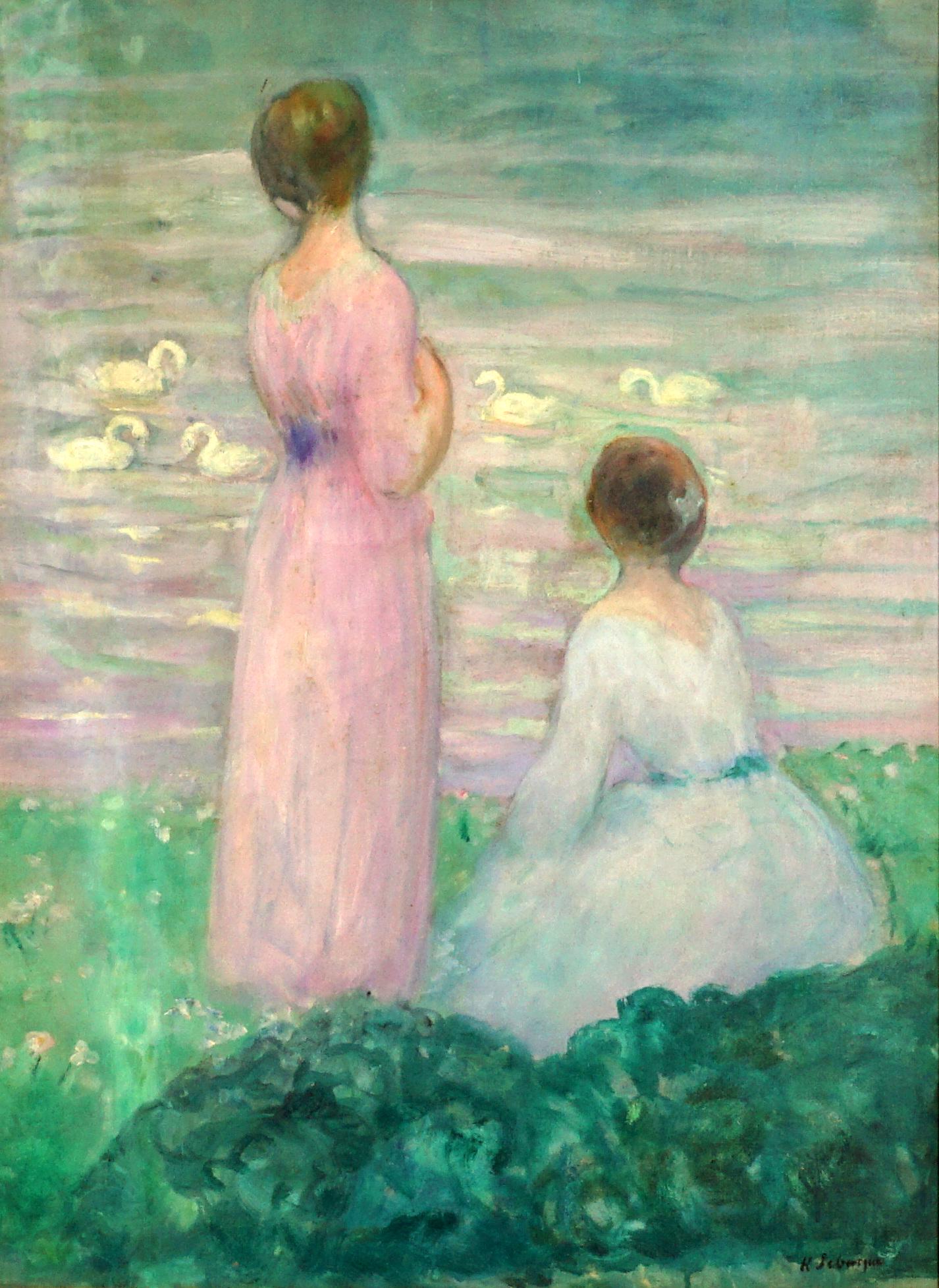 Henri Lebasque Women at Waters Edge Oil Painting: LEBASQUE, Henri Baptiste, (French, 1865-1937): "Femmes au bord de l'eau", two women at the waters edge, Oil/Canvas, signed lower right, Wally Findlay string tag verso, writing on tag indicates the two