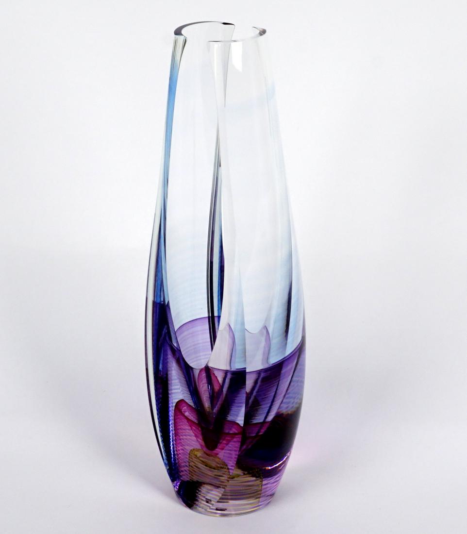 Michael David & Kit Karbler Art Glass Sculpture: Kit Karbler and Michael David (American, 20th Century), "U" form vase sculpture vase, polychrome and clear glass, signed on base and numbered 88734, 13.5" h. x 5". No chips or cracks noted.