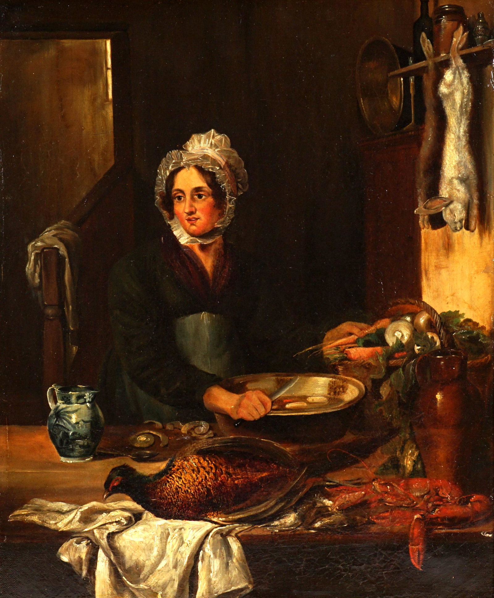 19th Century Mystery Artist Woman Making Dinner: 19th Century interior genre scene of a woman preparing dinner with rabbits, pheasant, lobsters, and basket of vegetables, Oil/Canvas, no visible signature, 15" x 13.5", framed 21.75" x 19.5". Conditio
