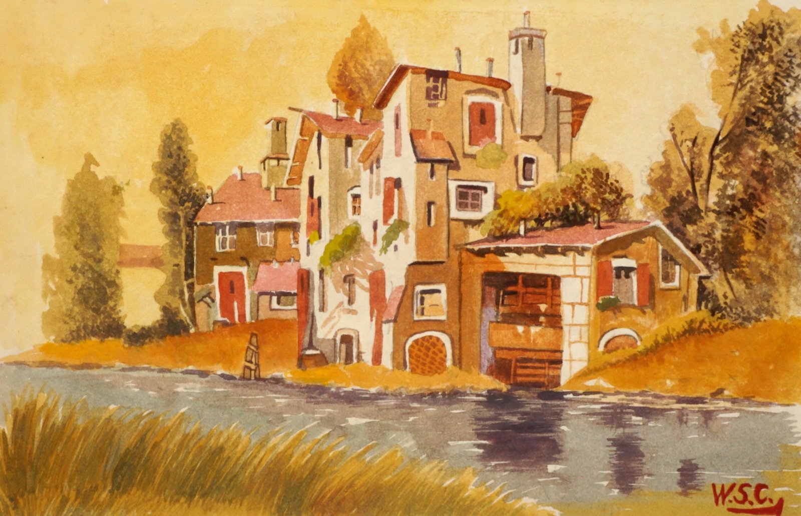 Attrib. Winston Spencer Churchill Watercolor: attributed CHURCHILL, Winston Spencer, (English, 1874-1965): Manor on a river, Watercolor/Paper, signed lower right, Galerie Mathias Fels stamp verso, 7.75" x 12". Condition: Toning.