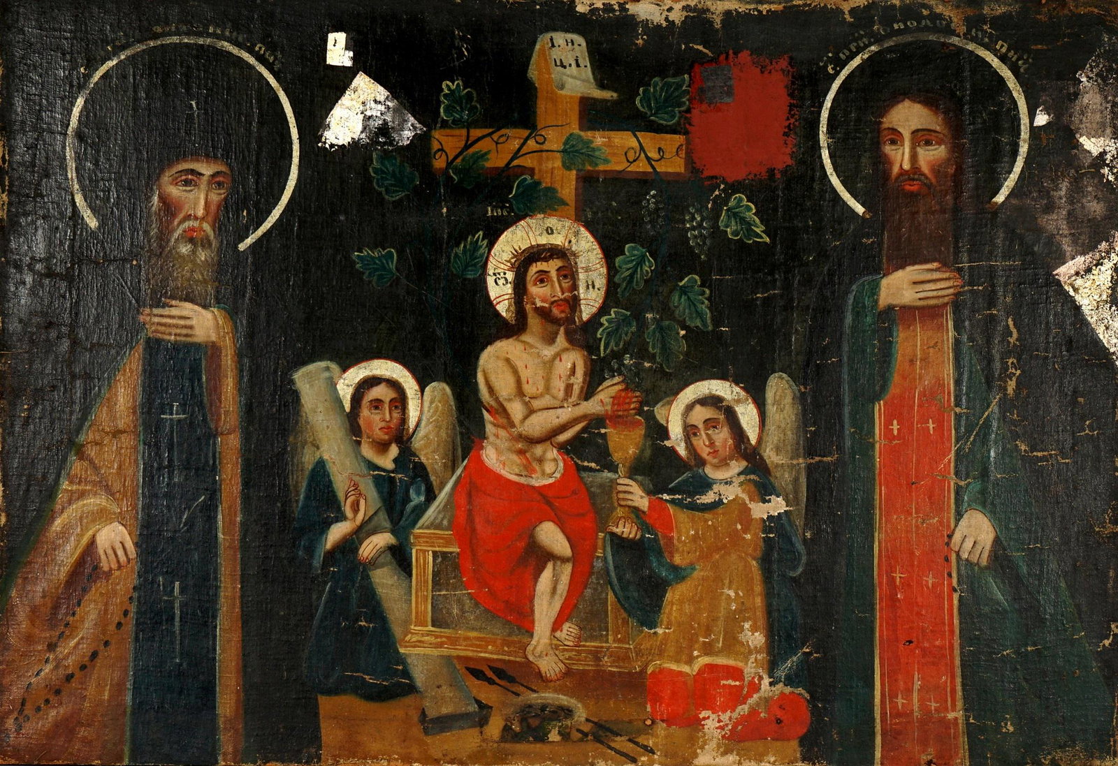 Large Greek Orthodox Icon Painting: Large icon oil/canvas laid on wood panel, Figure of Jesus Christ in center flanked by angels and Greek Orthodox priest on either side, 27" x 39.75". Condition: Abrasions and loss, laid to wood panels,