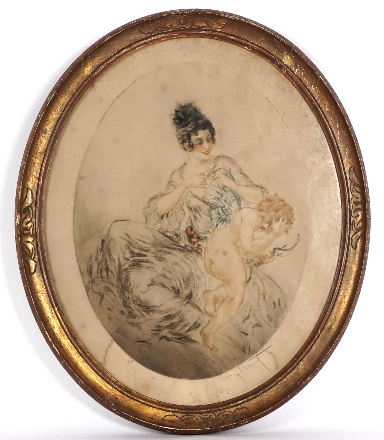 Louis Icart Clipped Wings Etching: ICART, Louis, (French, 1888-1950): "Clipped Wings", circa 1922, hand tinted Etching/Paper, pencil signed lower right, sight size 17.5" x 14.25", framed 22.5" x 17". Condition: Toning, foxing, water li