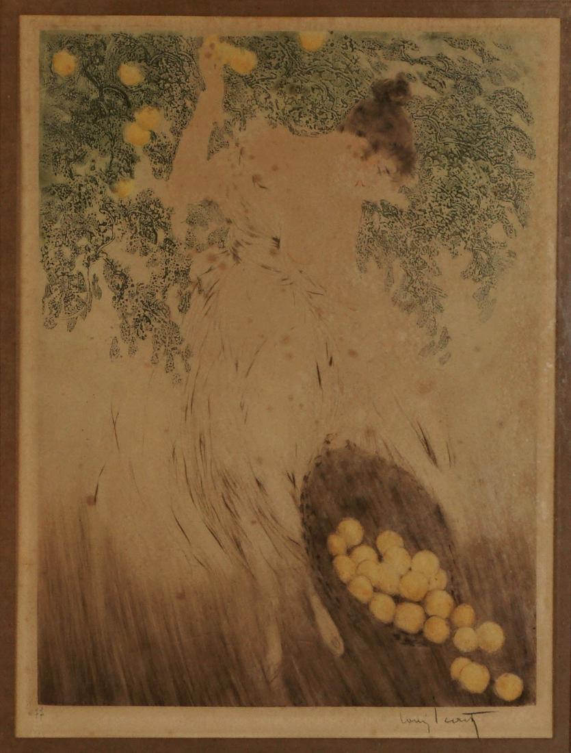 Louis Icart Spilled Oranges Etching: ICART, Louis, (French, 1881-1950): "Spilled Oranges", hand tinted Etching/Paper, pencil signed lower right, EM blind stamp lower left, sight size 16" x 12", framed 23" x 19". Condition: Toning and fox