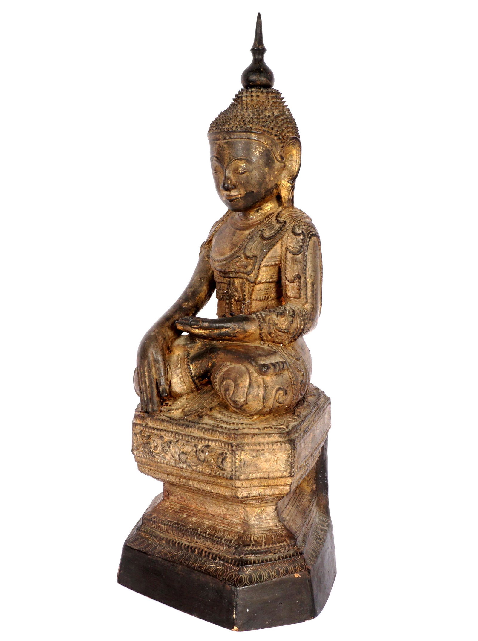 19th Century Southeast Asia Carved Buddha: Carved wood figure of seated Buddha on pedestal, traces of gilt decoration remaining, overall 25" h. x 10" x 8.5:. Condition: Loss of decoration, age cracks.