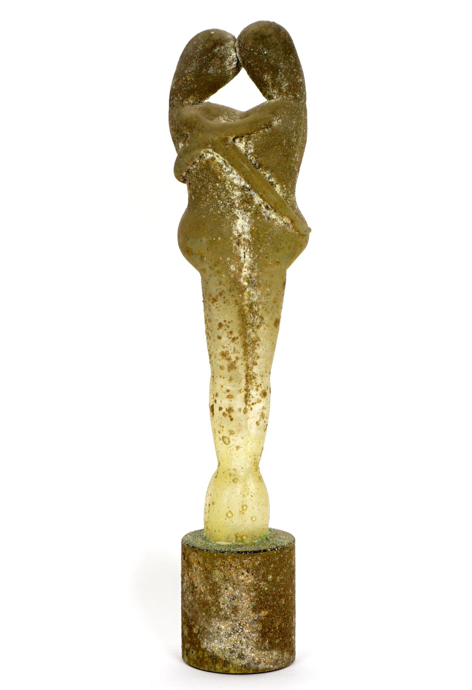 attrib. Pino Signoretto Corroso Lovers Sculpture: Venetian green glass "Lovers" sculpture with corroso finish, unsigned, 13.25" h.