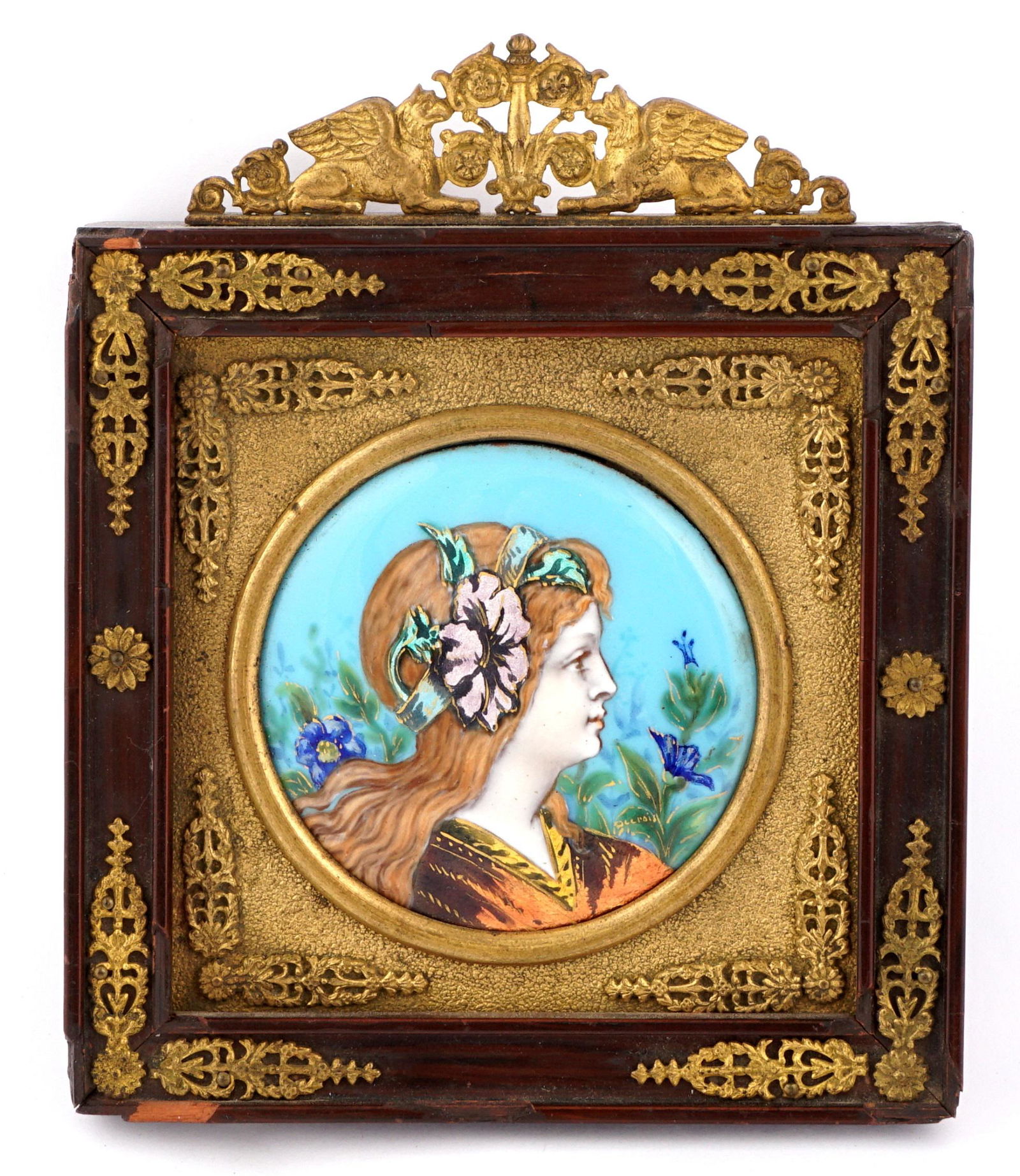French Art Nouveau Enamel on Copper Portrait: Miniature portrait of a woman in the art nouveau style, enamel on copper, illegibly signed "Gilrais?", label vers with "No. 136, Petunia", 2" dia, In celluloid and cloth easel back frame with applied