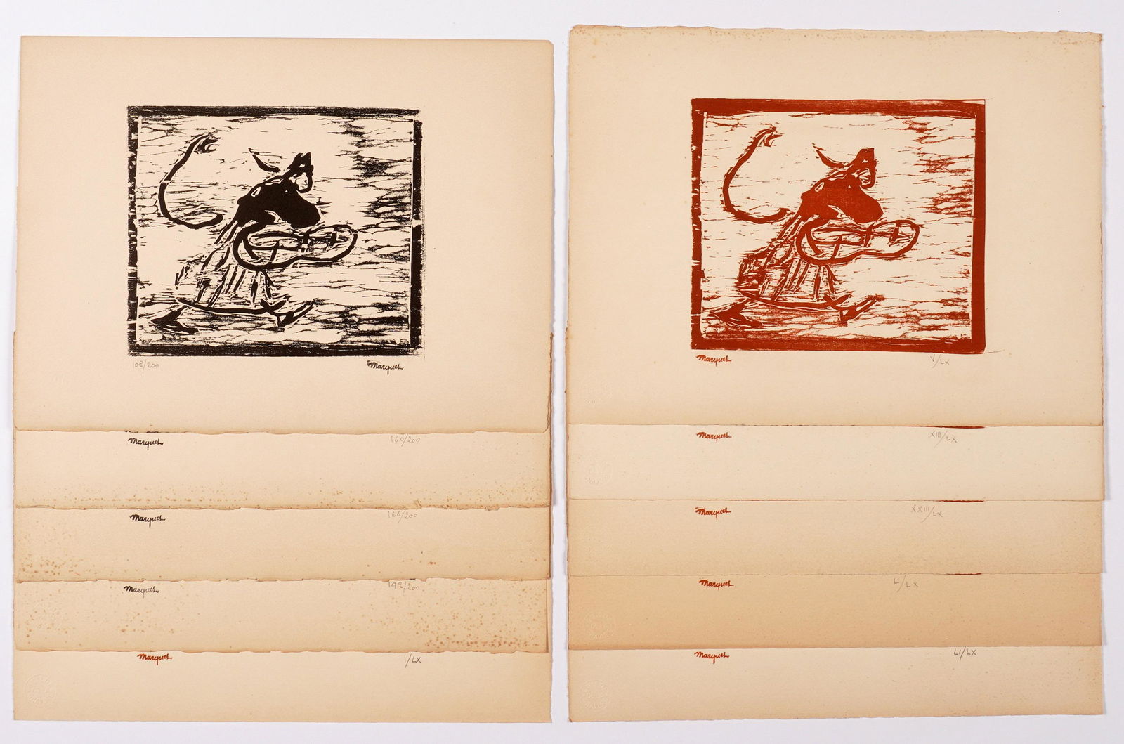 10 Albert Marquet Veiled Woman Striding Woodcuts: MARQUET, Albert, (French, 1875-1947): "Veiled Woman Striding", Woodcut on Paper, signed in the plate, Guilde de la Gravure blind stamp, six red from an edition of 60, comprising of numbers1, 5, 13, 22