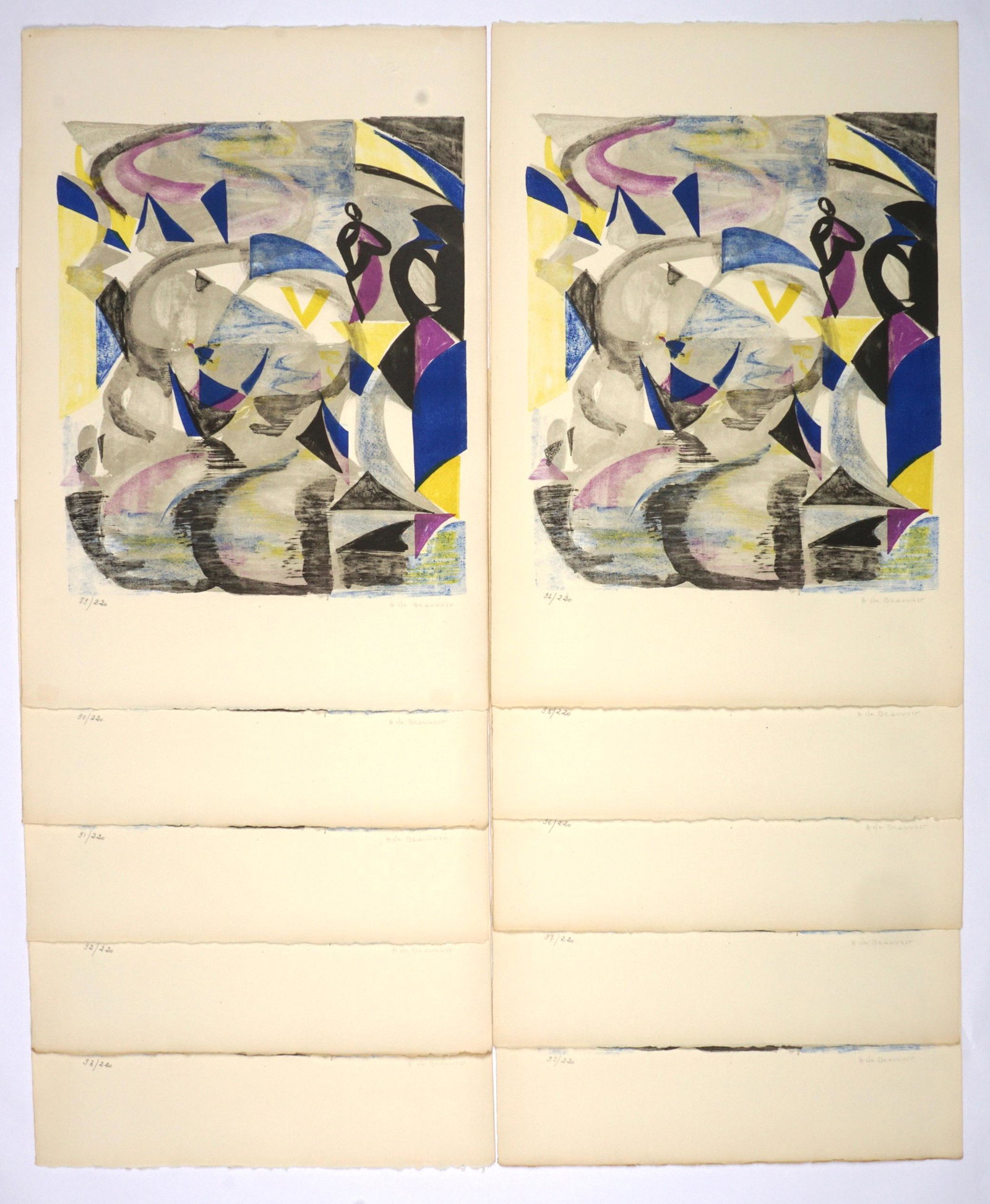 Ten Helene de Beauvoir Le Gondolier Lithographs: de BEAUVOIR, Helene, (French, 1910-2001): "Le Gondolier", Lithograph in colors on Paper, pencil signed lower right, GG blind stamp, from and edition of 220, comprising of numbers 89-98, measures 22" x