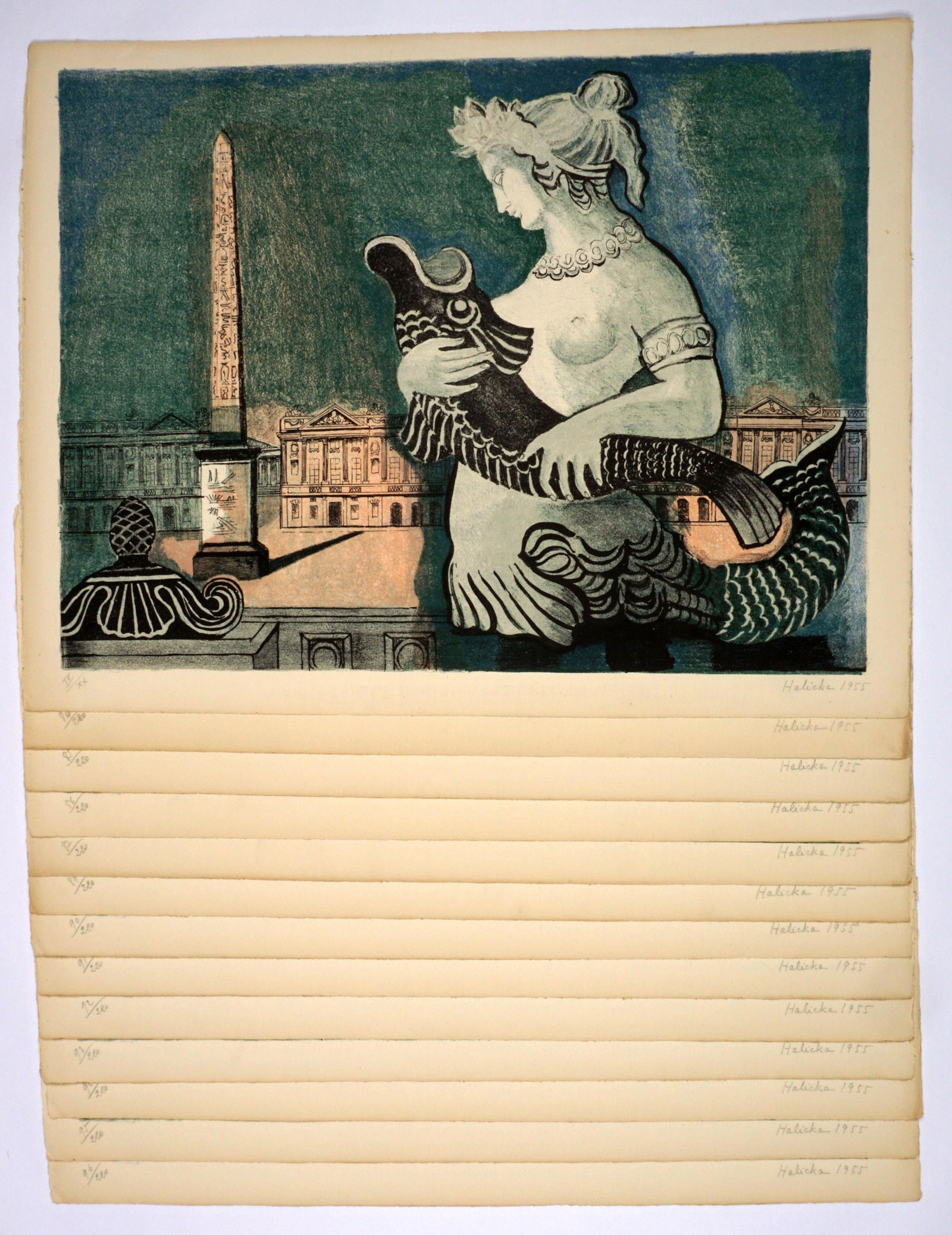 13 Alice Halicka Place de Concorde Lithographs: HALICKA, Alice, (Polish, 1895-1975): "Place de Concorde", Lithographs in Colors on Paper, pencil signed and dated 1955 lower right, one numbered IV/XX, the other twelve from an edition of 220, compris