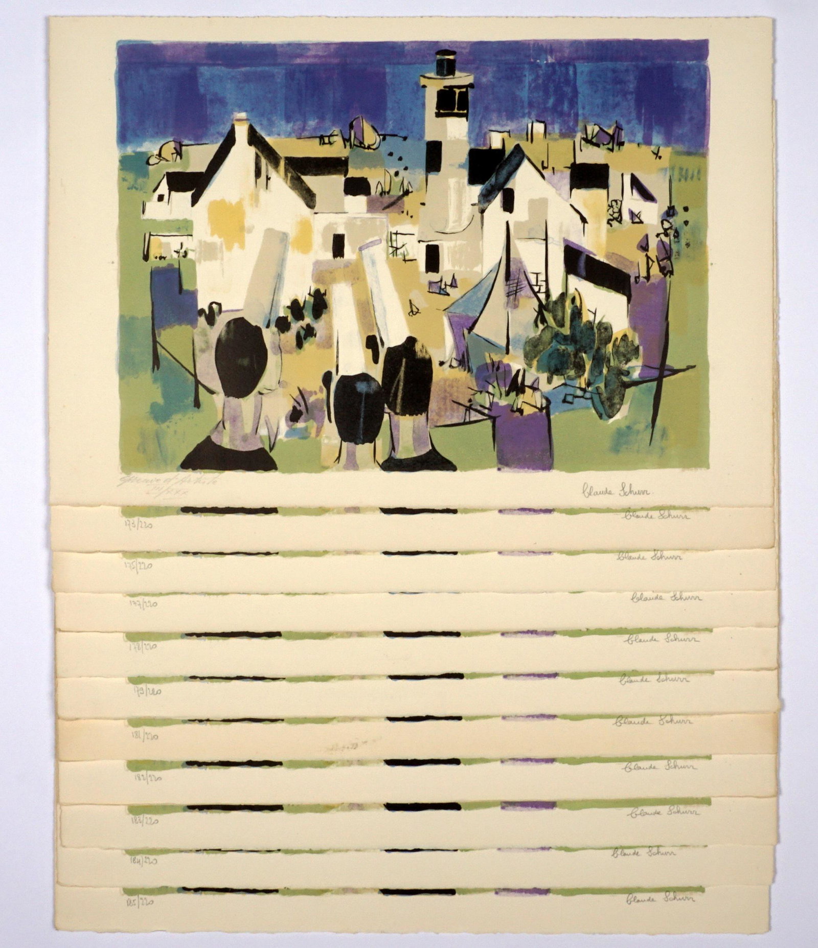 Eleven Claude Schurr Seaside Village Lithographs: SCHURR, Claude, (French, 1921-2014): "Seaside Village", Lithograph in colors on Rives paper, pencil signed lower right, one from EA edition number III/XXX, the other ten from and edition of 220 with G