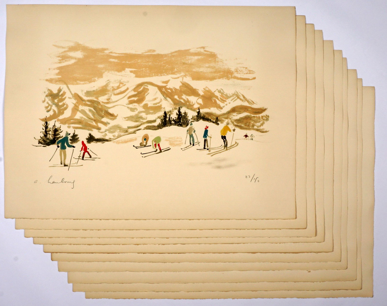 Ten Andre Habourg Les Skiers Lithographs: HABOURG, Andre, (French, 1909-1999): "Les Skiers", Lithograph in colors on Arches paper, pencil signed lower left, from an edition of 150, comprising numbers 27-30, 70-75, measures 22" x 30". Conditio