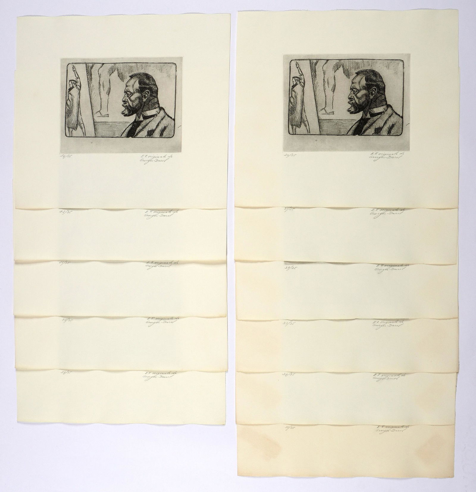 11 Georges Darel Portrait Ferdinand Hodler Etching: DAREL, Georges, (Swiss 1892-1943): "Portrait of Ferdinand Hodler", Etching/Paper, pencil identified lower right, from an edition of 35, comprising of numbers 24-26, 28-35, measures 13" x 14.75" . Cond