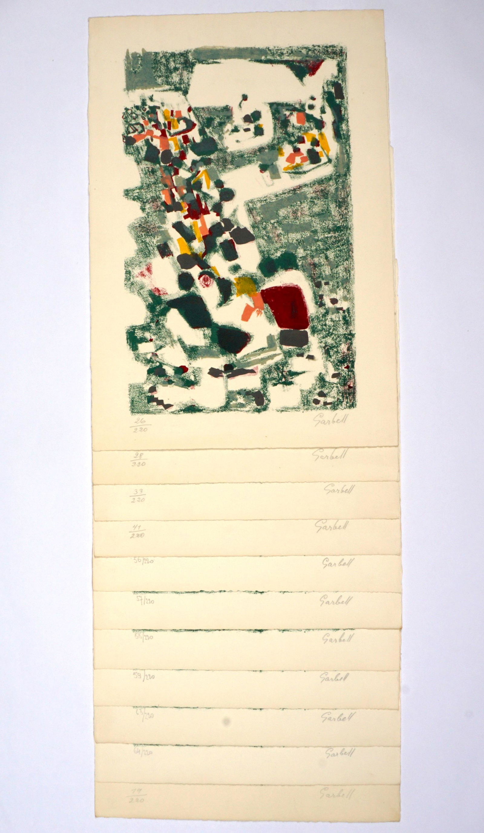 Eleven Alexandre Garbell Composition Lithographs: GARBELL, Alexandre, (French, 1903-1970): "Composition", Lithograph in colors on Rives paper, pencil singed lower right, GG blind stamp, from an edition of 220, comprising of numbers 26, 28, 33, 47, 56