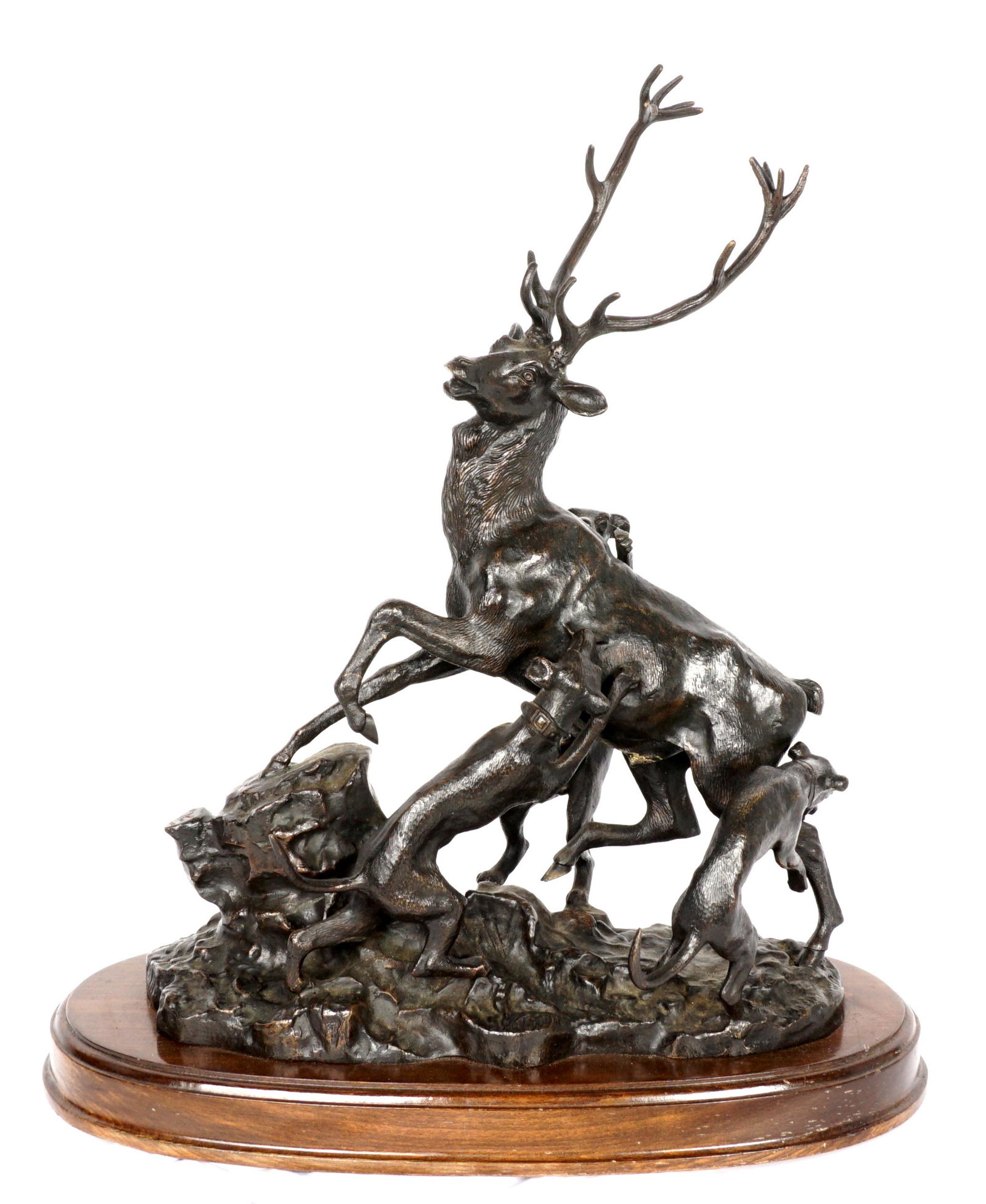 Josechu Lalanda Bronze Dogs Attacking Elk: LALANDA, Josechu, (Spanish, 1939-2015): Bronze figural group of three dogs attacking a large elk, signed and numbered 90/150, affixed to wood plinth, overall 22.75" h. x 19.5" x 11".