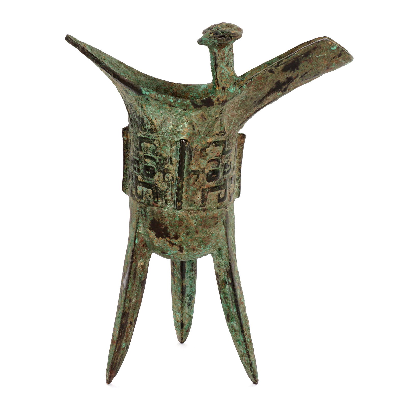 Chinese Shang Style Bronze Jue Libation Cup: Archaic form bronze wine libation cup in the Shang style, raised decoration, spout flanked with two posts, flared tripod legs, overall 7.5" h. x 6". Sold with copy of online appraisal for $20,000 prov