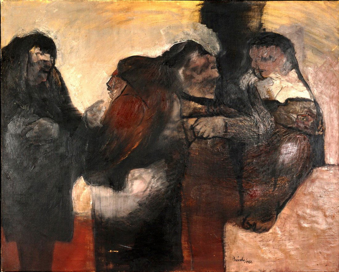 Javier Arevalo Untitled Figural Group Painting: AREVALO, Javier, (Mexican, 1937-2020): Untitled gathering of a group of four people, Oil/Canvas, signed and dated 1966 lower right and verso, 31" x 38.75, framed 32.75" x 40.5". Condition: Paint flake