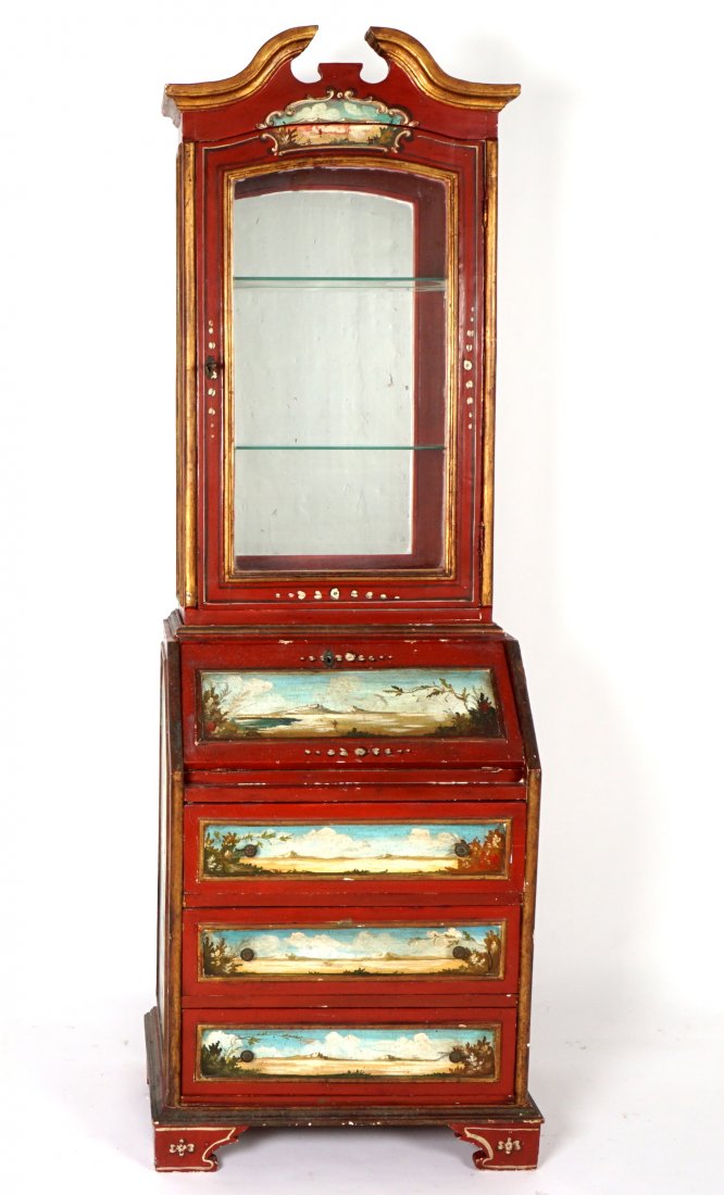 19th C Italian Paint Decorated Secretary Bookcase: 19th/20th Century secretary, paint decorated with seaside scenes all over. Top display cabinet with broken arch pediment, illuminated mirrored interior, glass shelves. Slant front secretary base, fitt