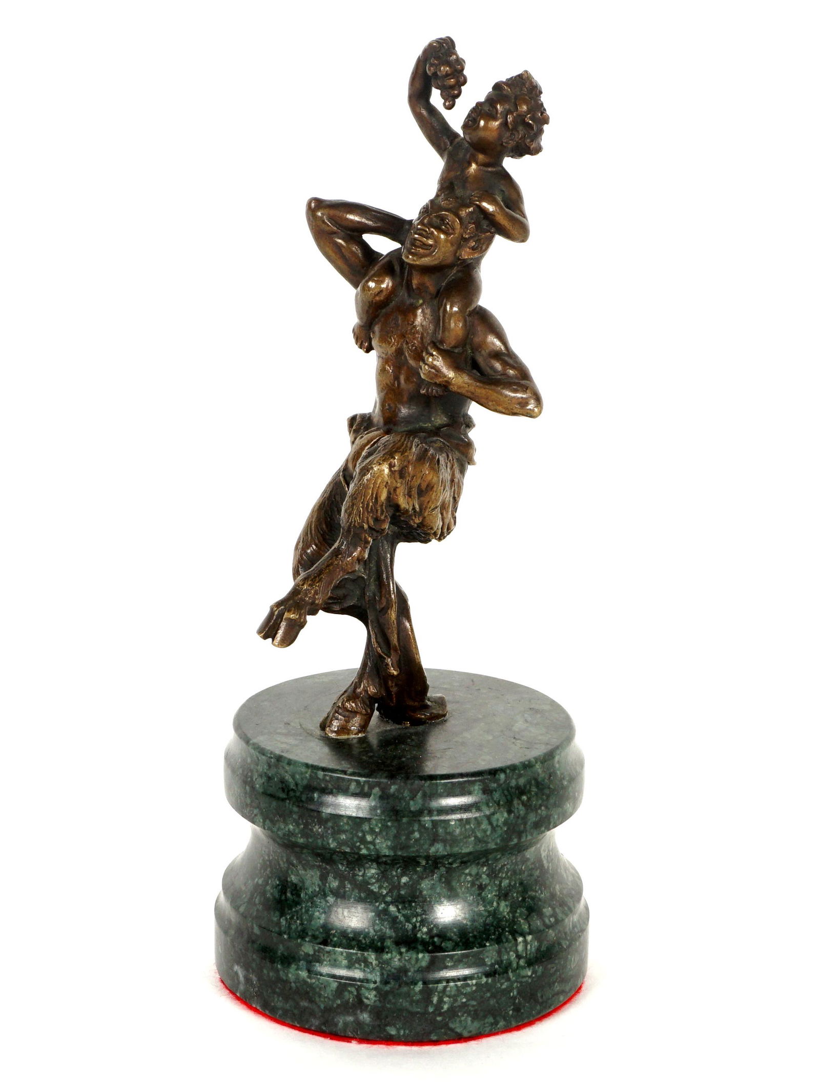 Bronze Figure of Satyr with Child Bacchus: Bronze figure of a satyr hoisting Bacchus as a child on his shoulders, 6.5" h., affixed to marble plinth, overall 9.25" h. x 4.5".