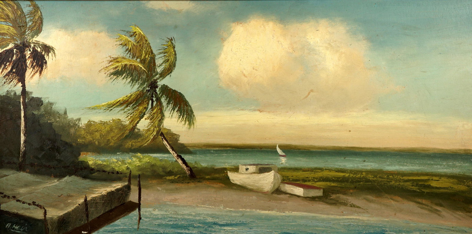 Large Alfred Hair Florida Highwaymen with Boats: HAIR, Alfred, (American, 1941-1970): Rare coastline scene with dock, boats, and sailboat. It is very unusual to see an Alfred Hair with boats or other objects in the landscape. Oil/Upson, signed A. Ha